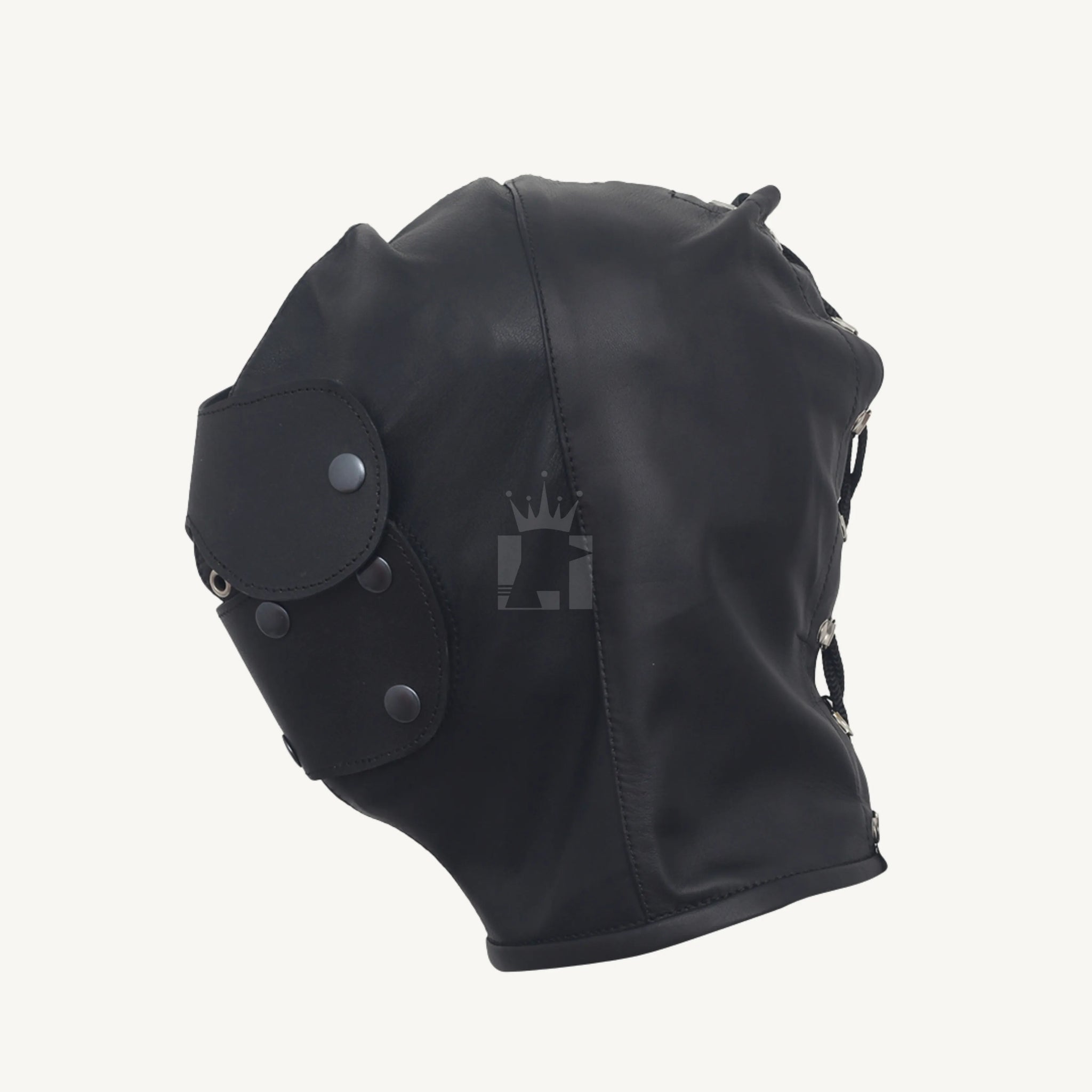 Left side angle of black leather bondage hood showing snap-button removable mask and smooth finish.