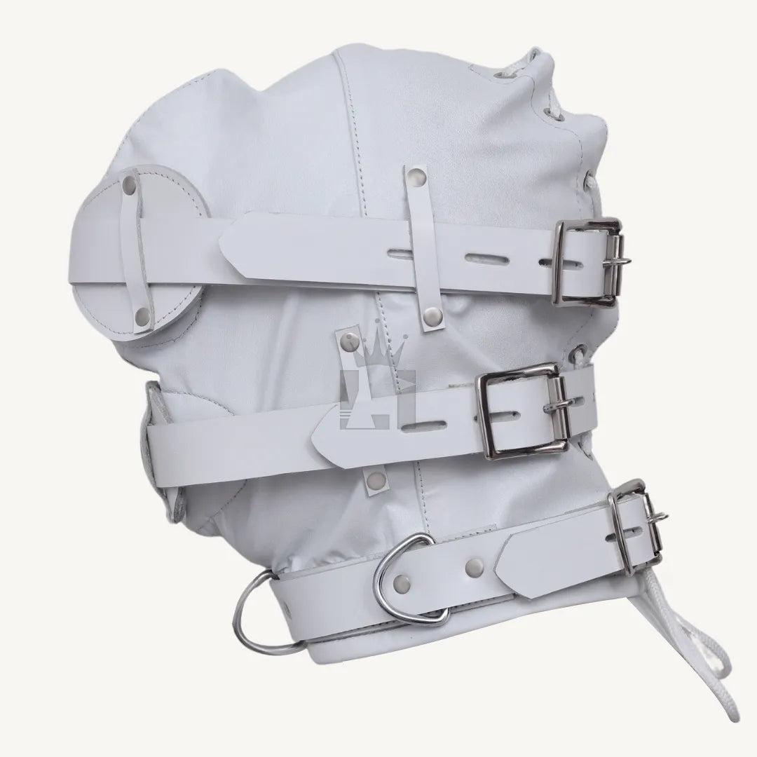 Left side view of white leather bondage hood featuring layered straps, silver buckles, and rivets.