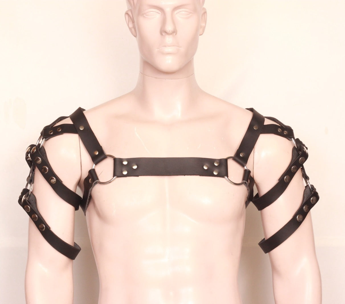 Front view image of model wearing Men's Leather Shoulder Harness 