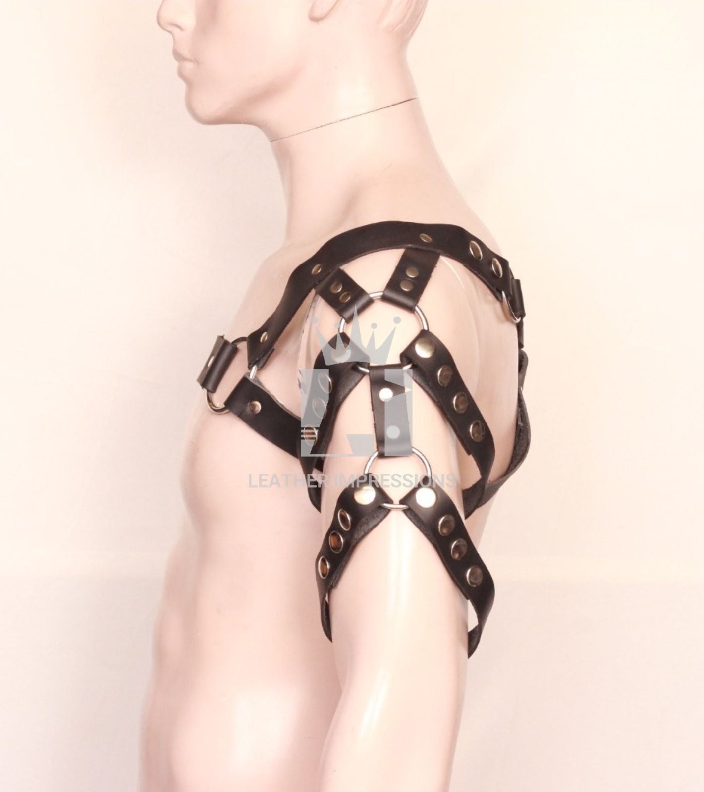 Side view image of model wearing Men's Leather Shoulder Harness 