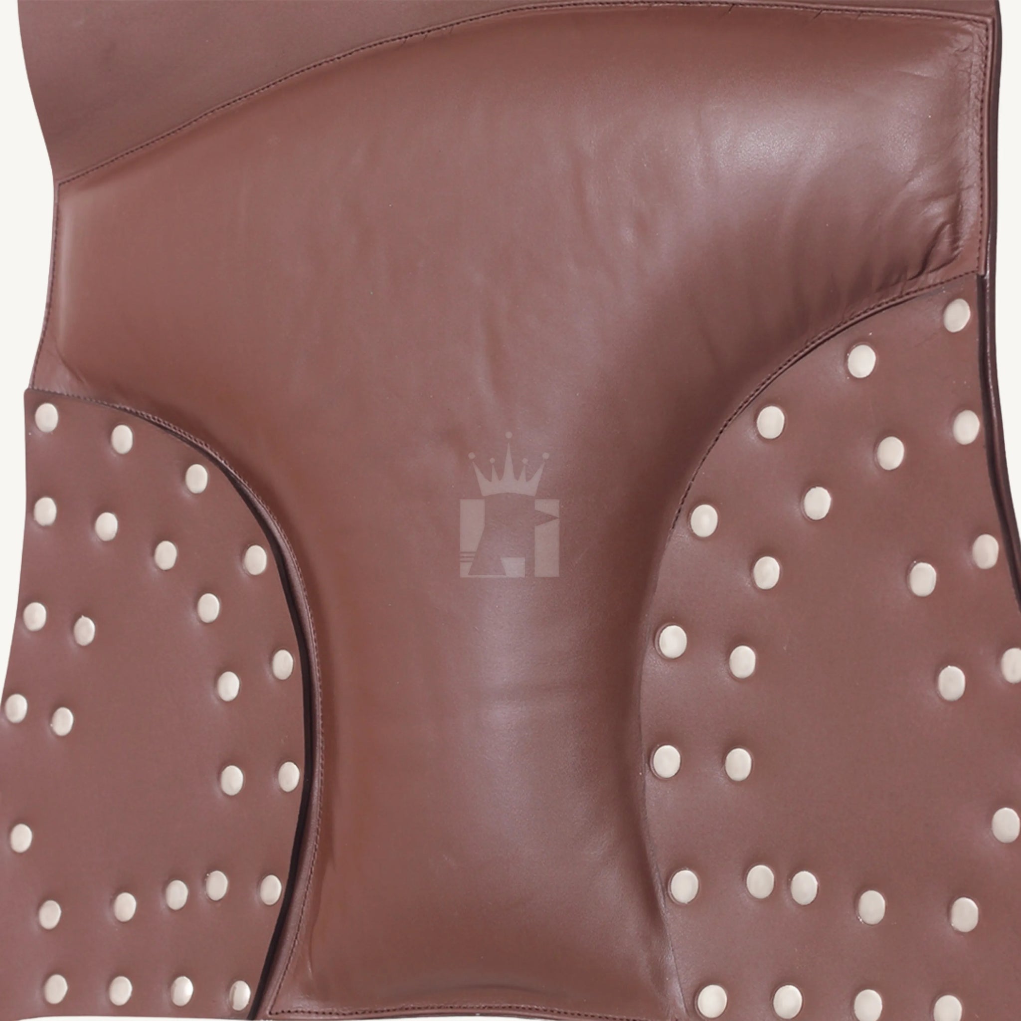 Close-up of padded bottom section of the brown leather sex sling with riveted reinforcement on both sides.
