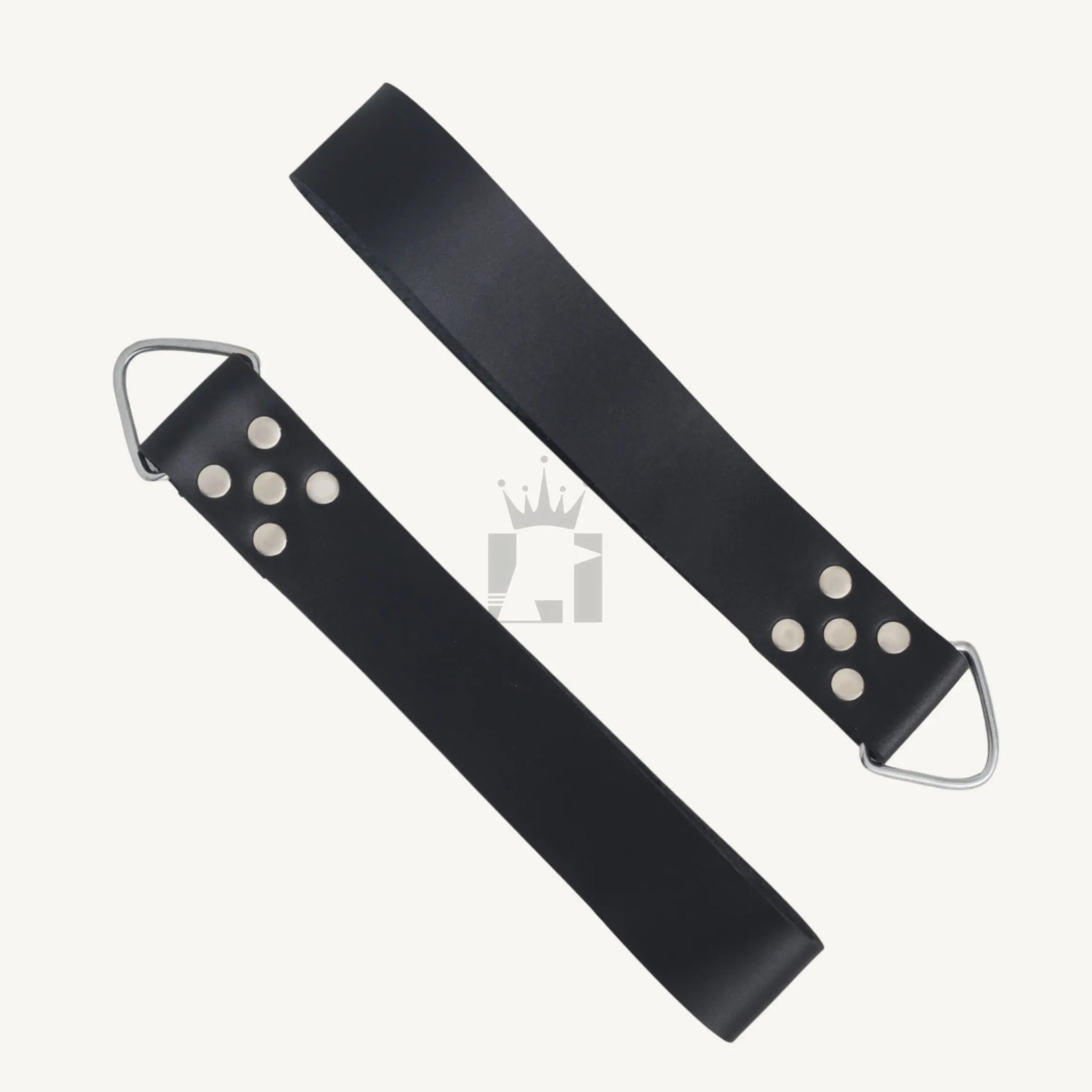 Two detachable black leather straps with steel D-rings and riveted ends for sling attachment.