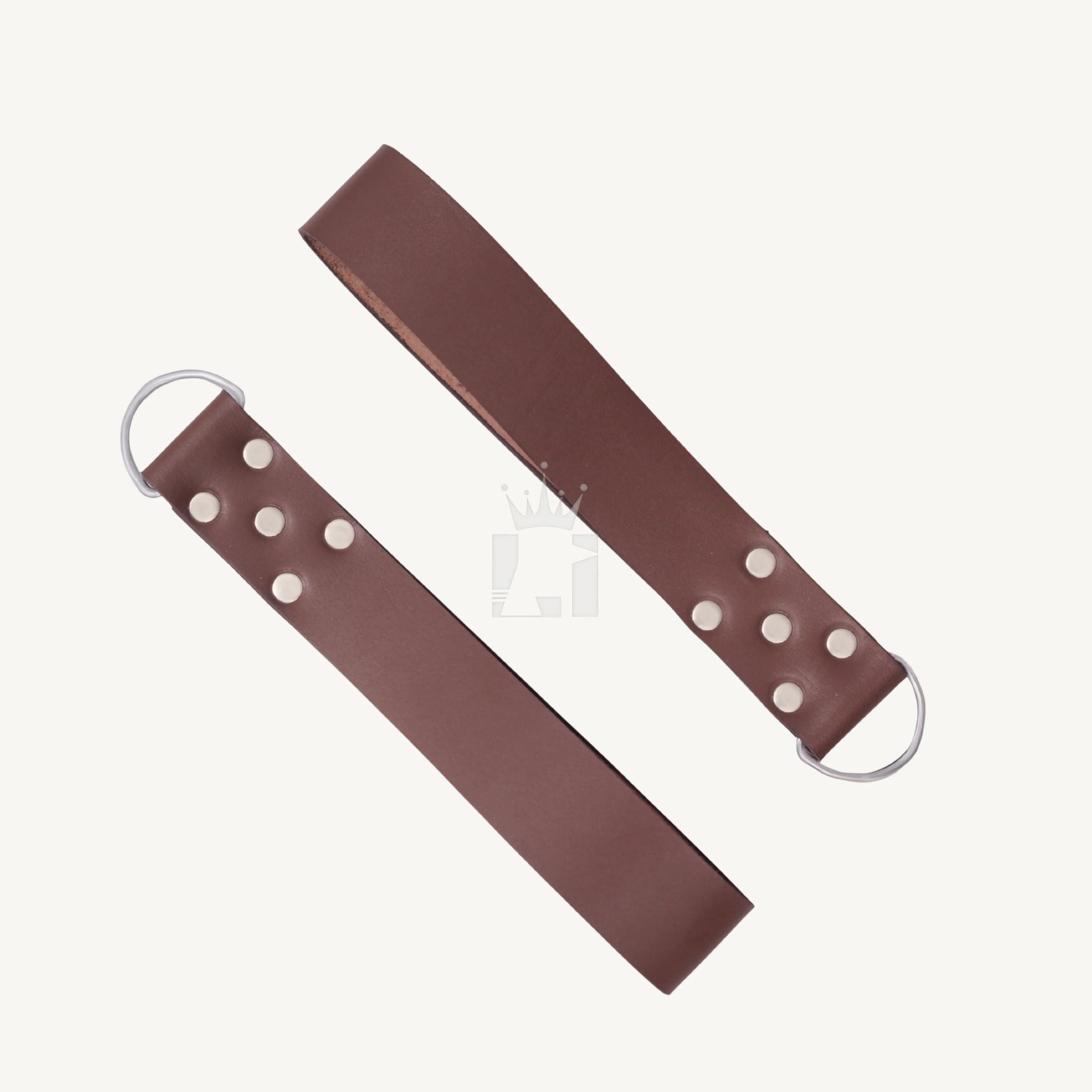 Two detachable brown leather straps with steel D-rings and riveted ends designed for sling suspension.