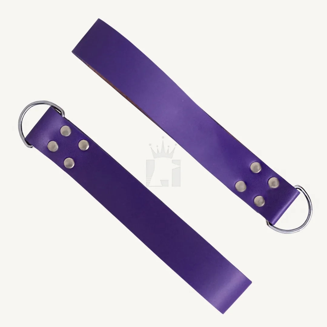 Two detachable purple leather straps with steel D-rings and rivets for Sex  sling attachment.