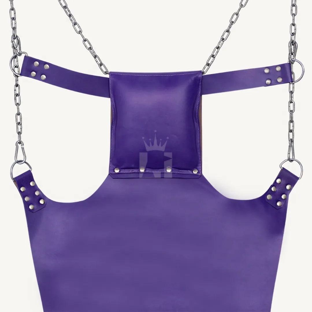 Detailed view of the purple leather sex sling padded pillow and riveted straps with heavy-duty steel chains.