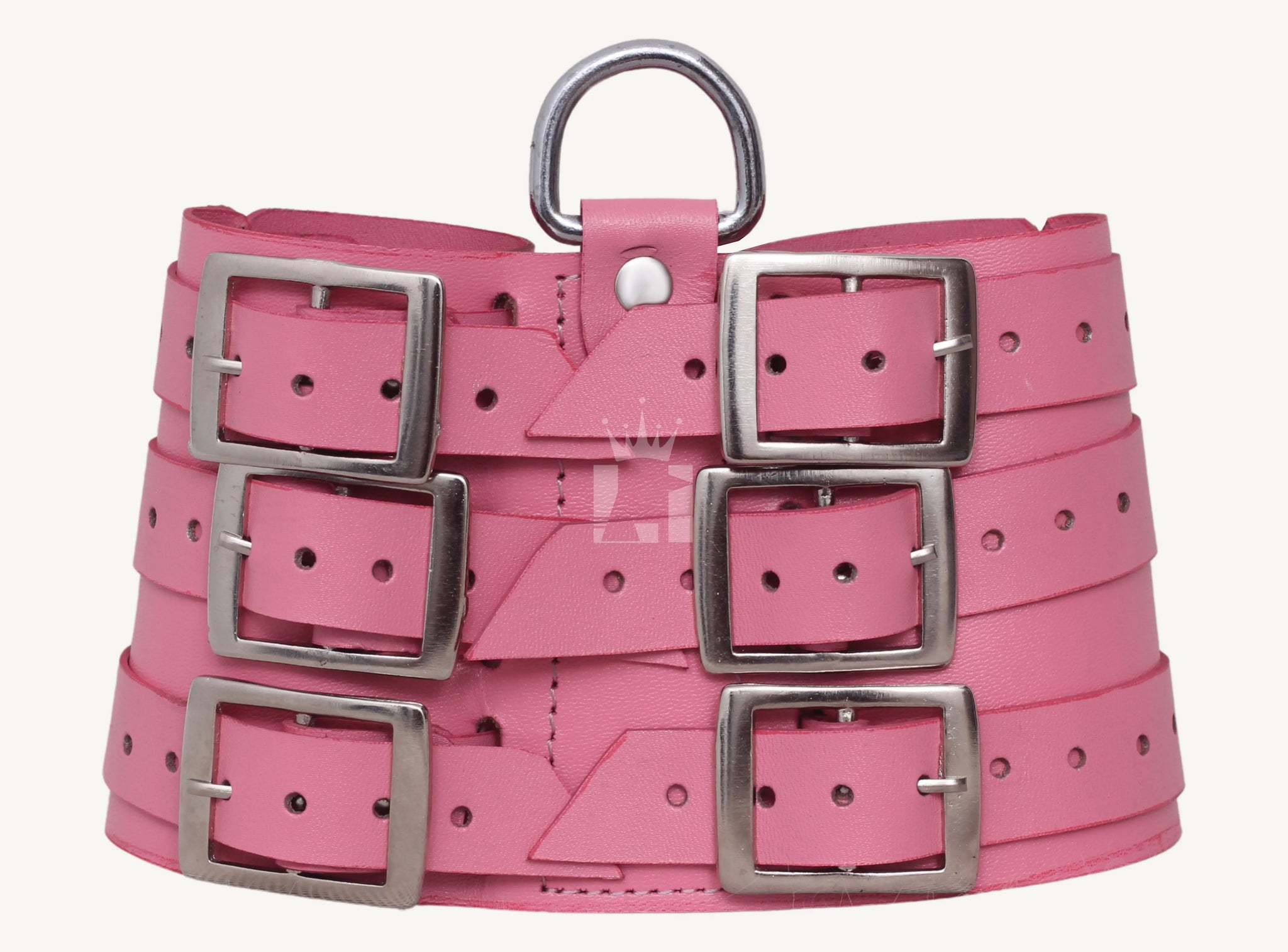 Front view of pink leather bondage handcuffs featuring multiple adjustable buckles and a central D-ring for restraint.