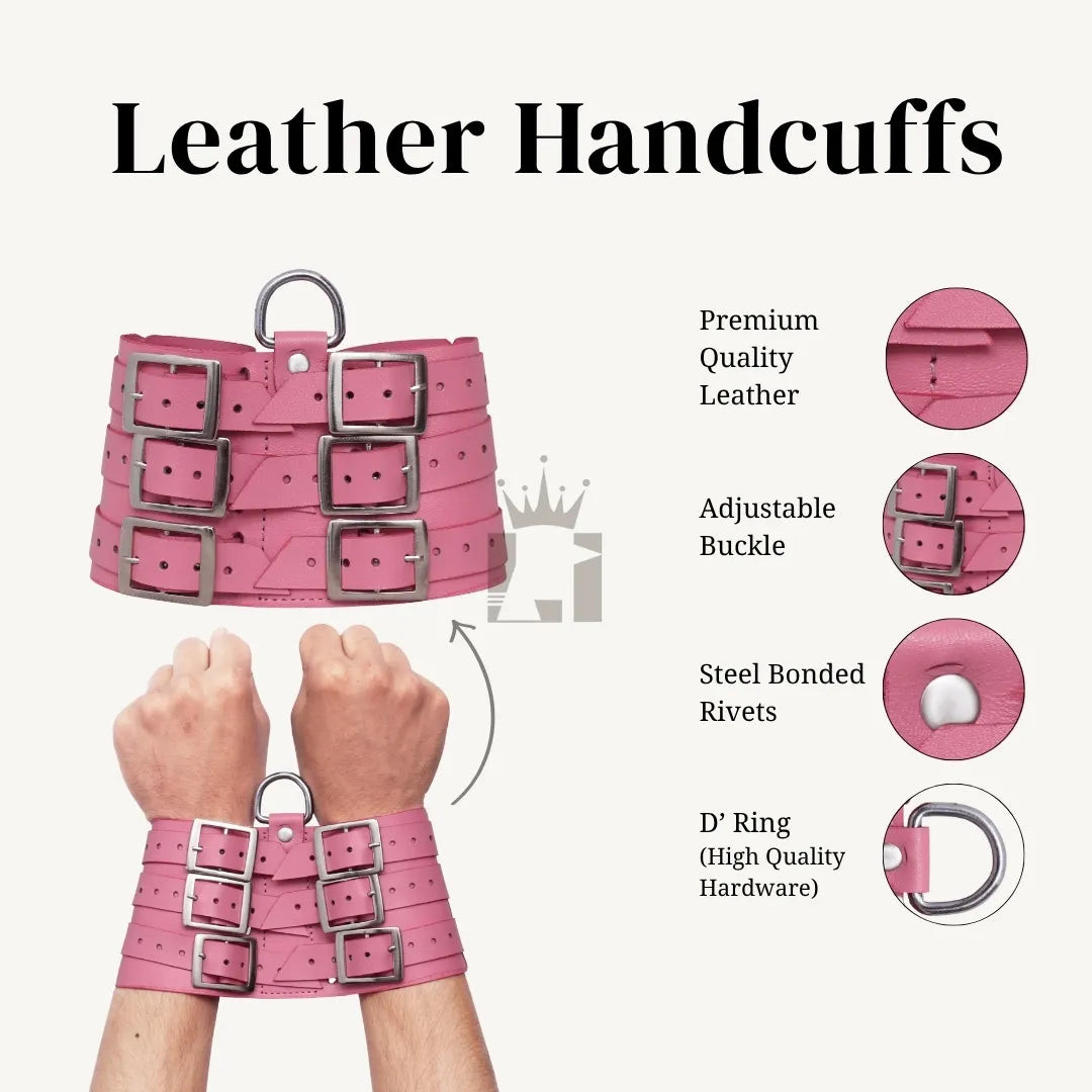 Infographic of pink leather handcuffs highlighting premium leather, adjustable buckles, bonded rivets, and a steel D-ring.