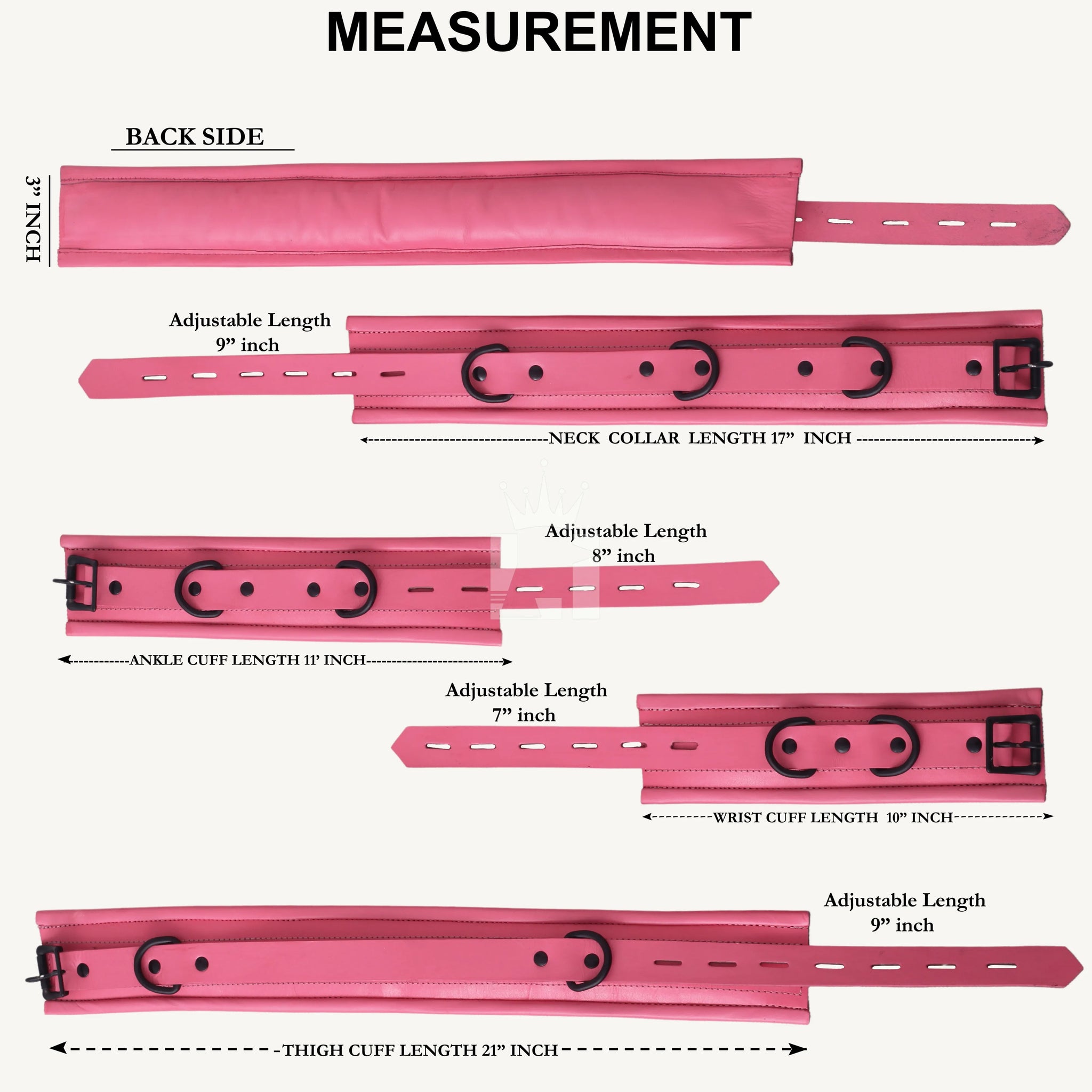 Detailed measurement chart of pink leather bondage restraints cuffs with neck collar, wrist, ankle, and thigh cuffs, plus adjustable padded back strap for secure fit.