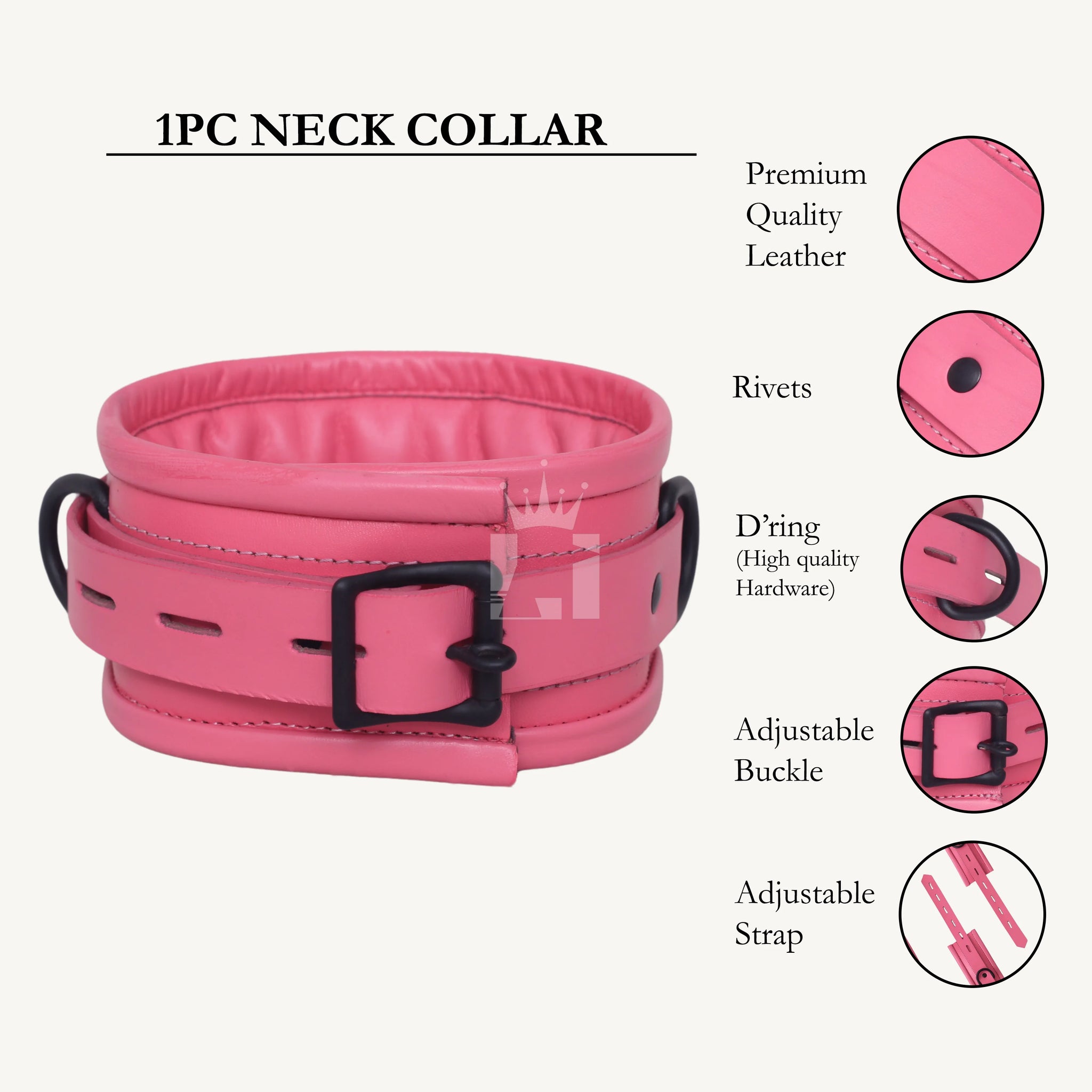 Close-up angled view of pink leather bondage Collar featuring padded interiors, black metal buckles, and D-rings, designed for comfortable wrist restraint in BDSM play.