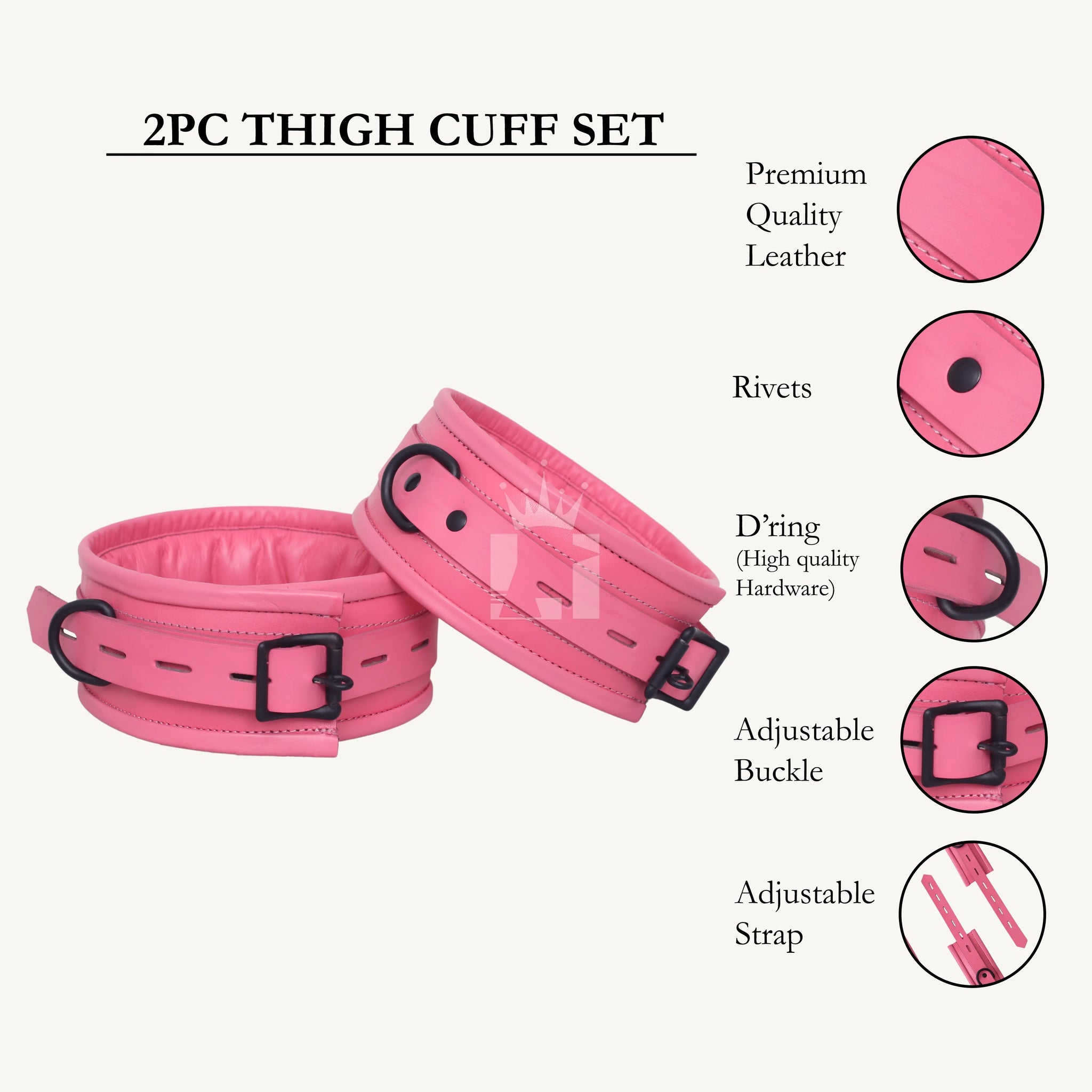 Close-up angled view of pink leather thigh cuffs featuring padded interiors, black metal buckles, rivets, and D-rings, designed for adjustable and comfortable restraint.