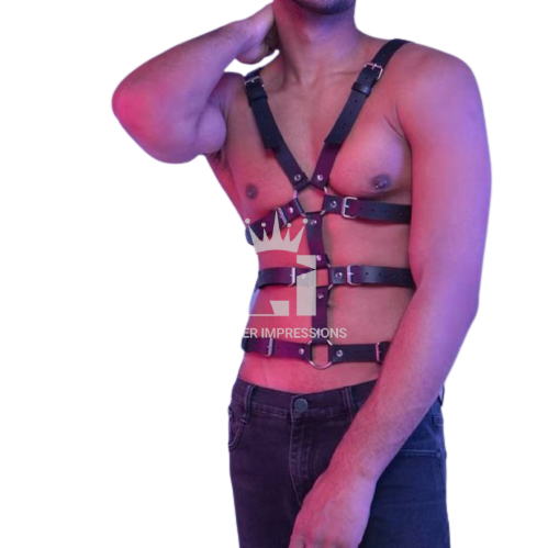Front side view of model wearing Mens Bondage Harness 