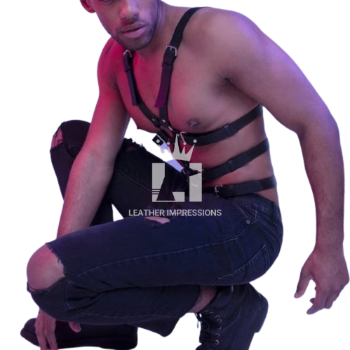 Front side view of model wearing Mens Bondage Harness at party during perfomance