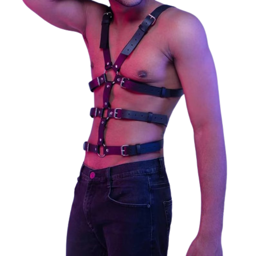 Backside view of model wearing Mens Bondage Harness 