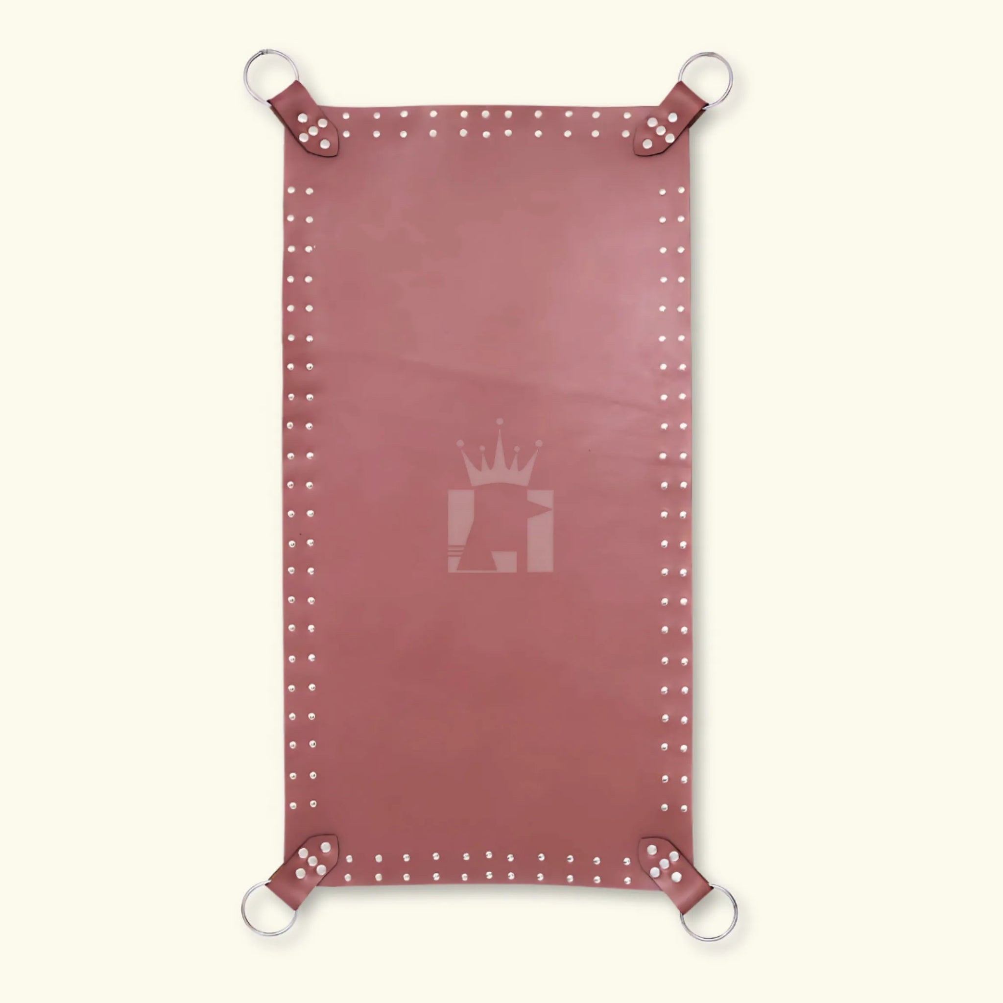 Flat top view of brown leather sex sling with riveted edging and reinforced O-ring hardware on all sides.