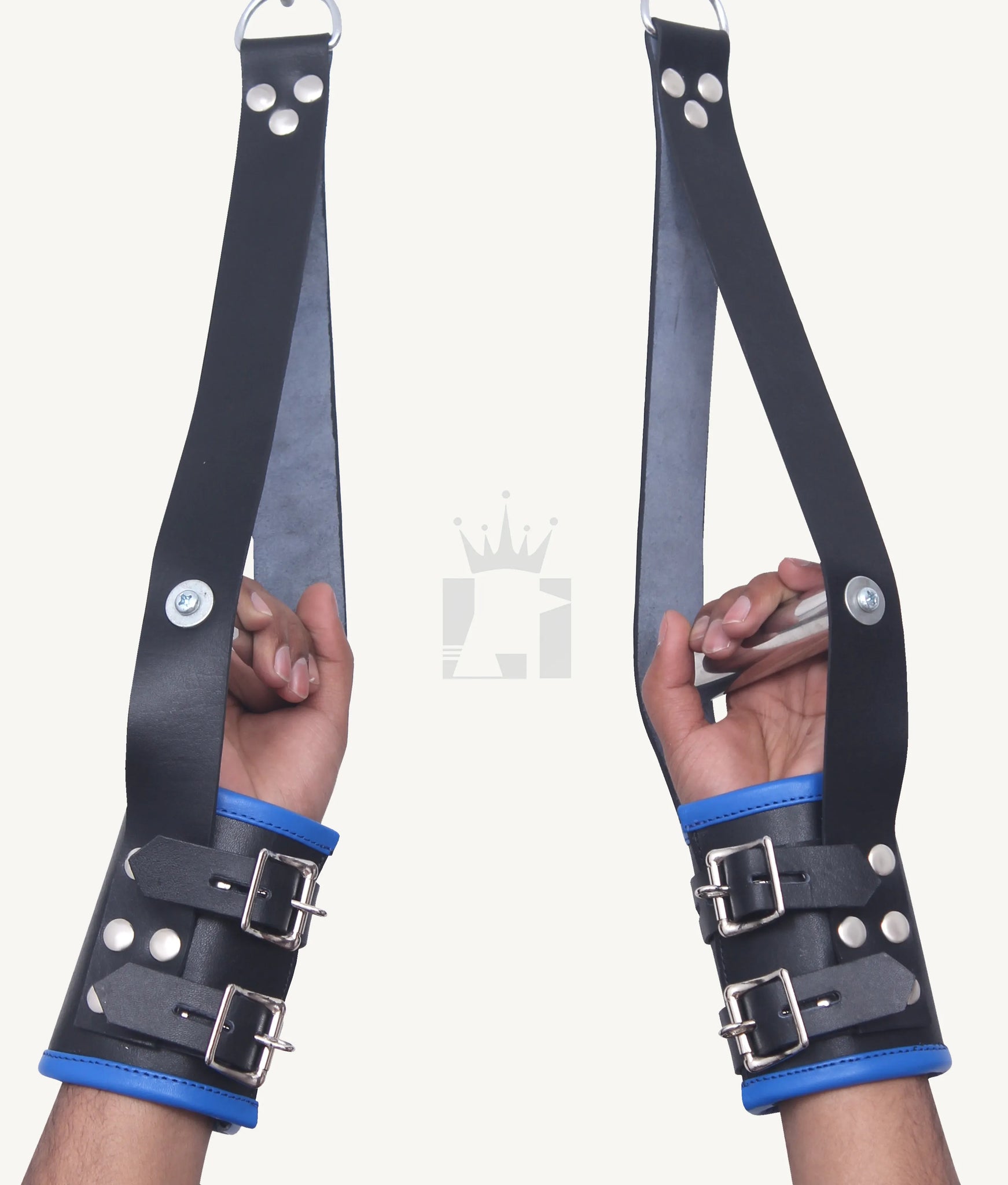 Back view of black and blue suspension wrist cuffs with double buckle straps and reinforced riveted hanging straps.