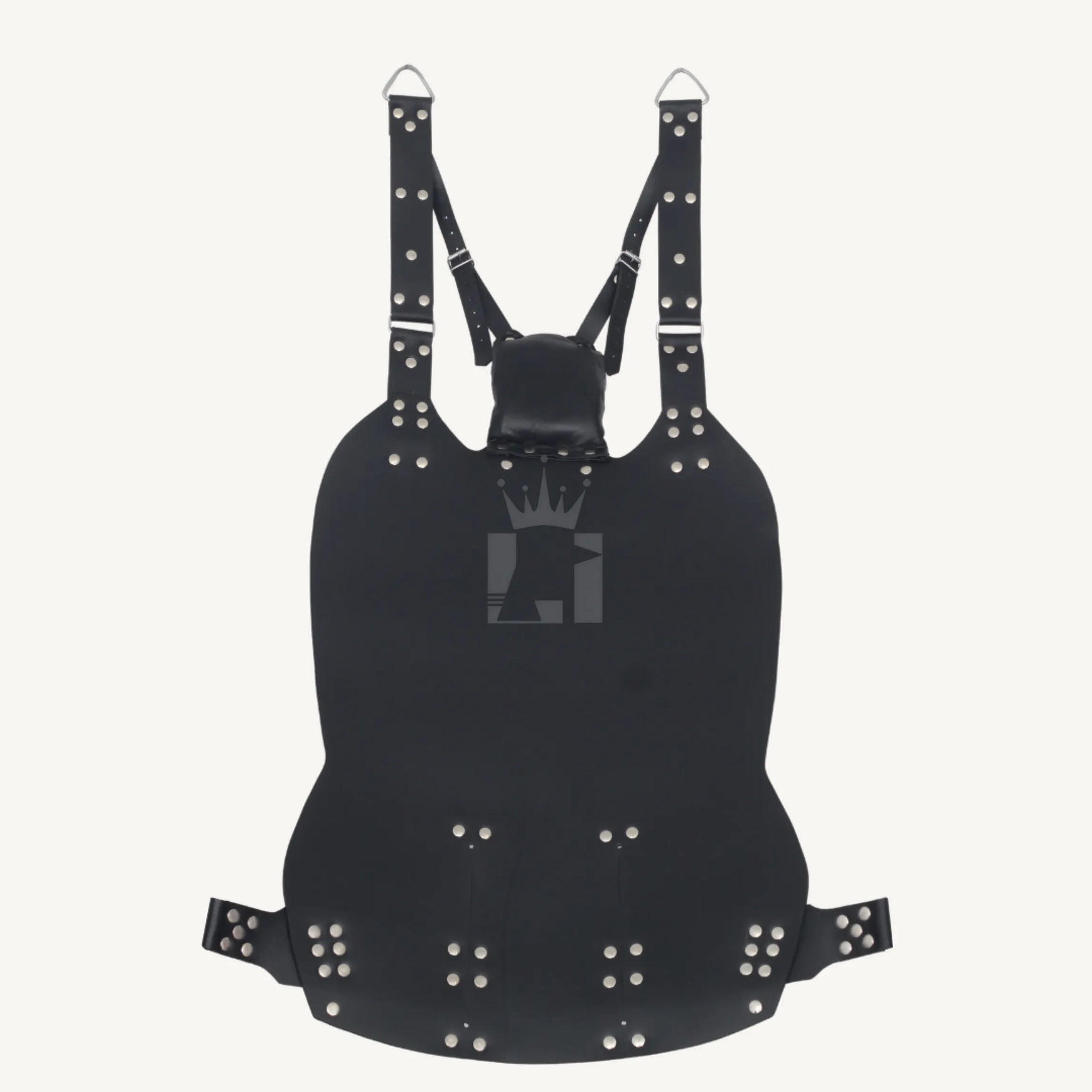 Back view of the black leather sex sling showing riveted structure, adjustable straps, and cushioned pillow.