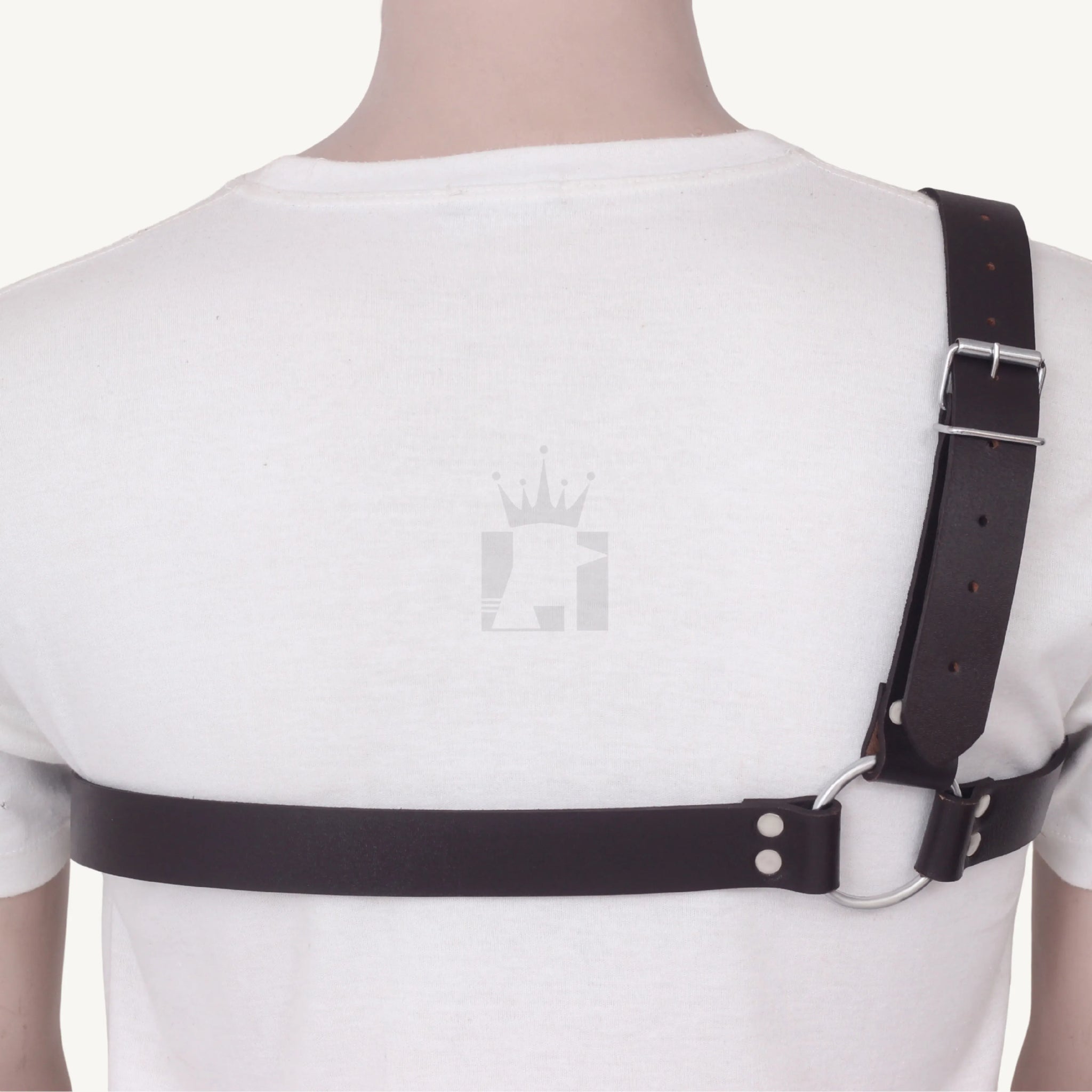 Back view of brown leather Chest harness showing adjustable buckle and O-ring connection.
