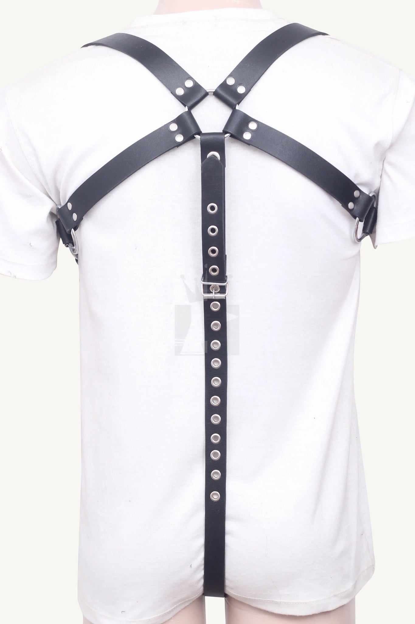 Back view of leather harness with adjustable vertical strap and riveted O-ring design.