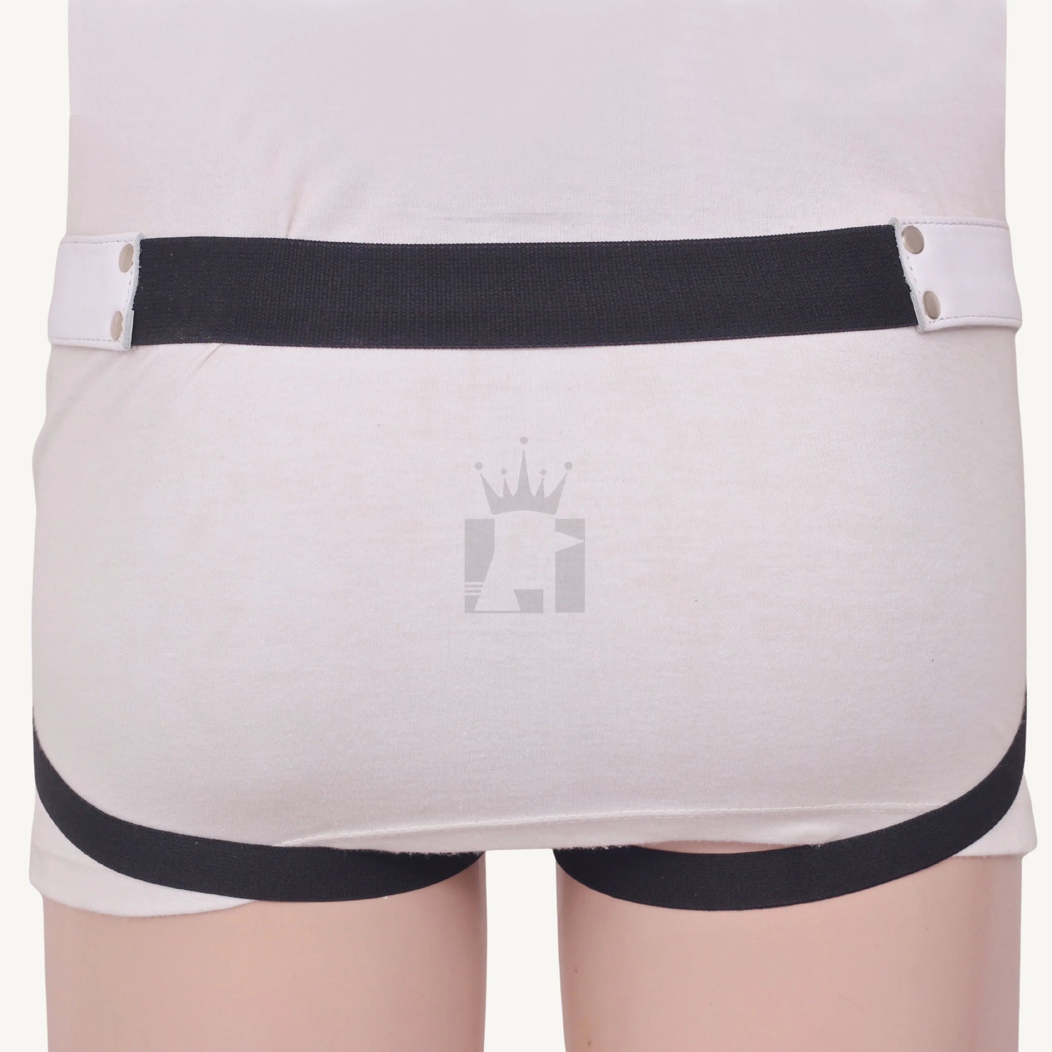 Rear view of jockstrap showing white waistband and black elastic leg straps framing the buttocks.