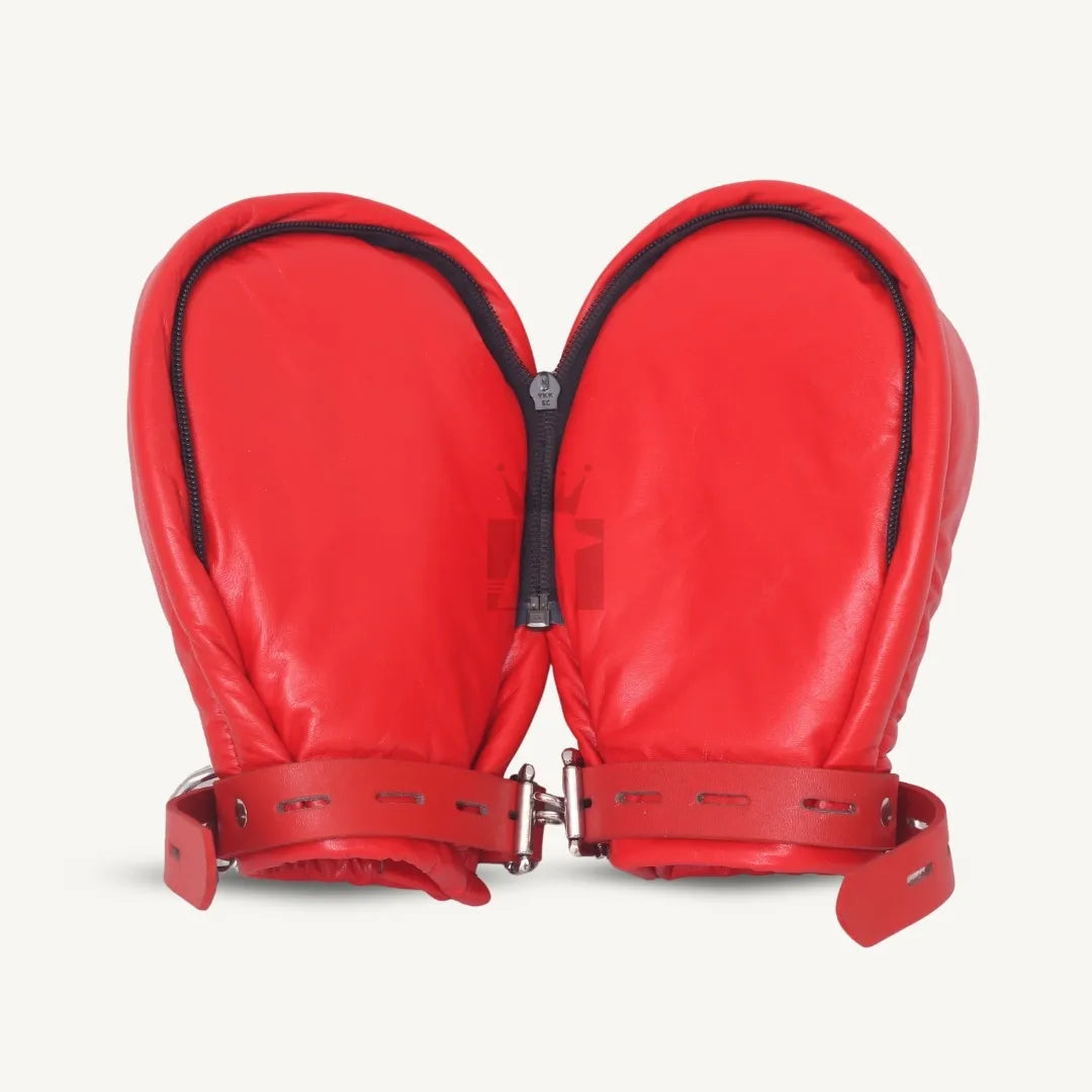 Pair of red leather locking mittens shown open with zipper closure and buckled wrist straps.
