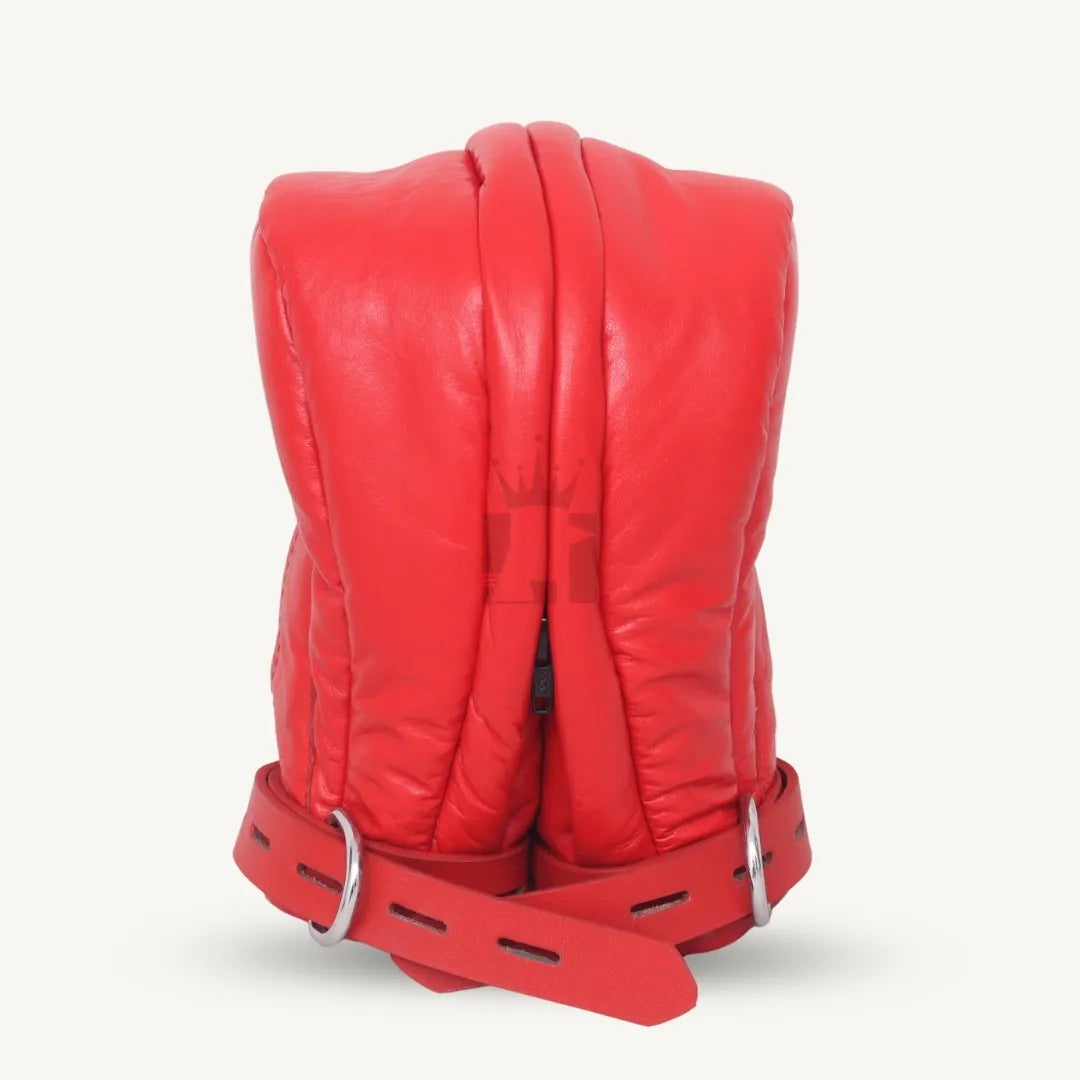 Back view of red leather bondage mittens showing stitched padding and secure buckle straps.