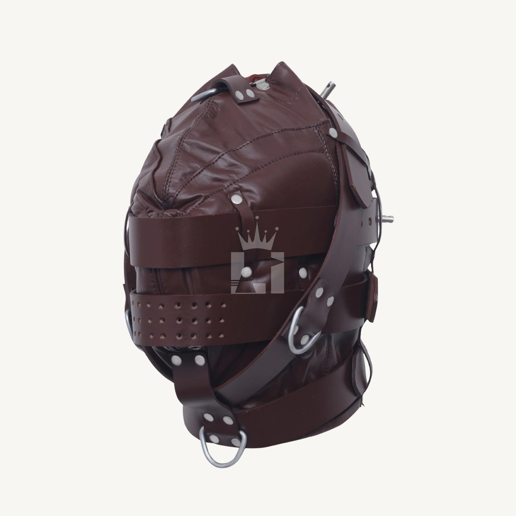 Side angle showing brown leather bondage hood with multiple straps, rivets, and D-rings.
