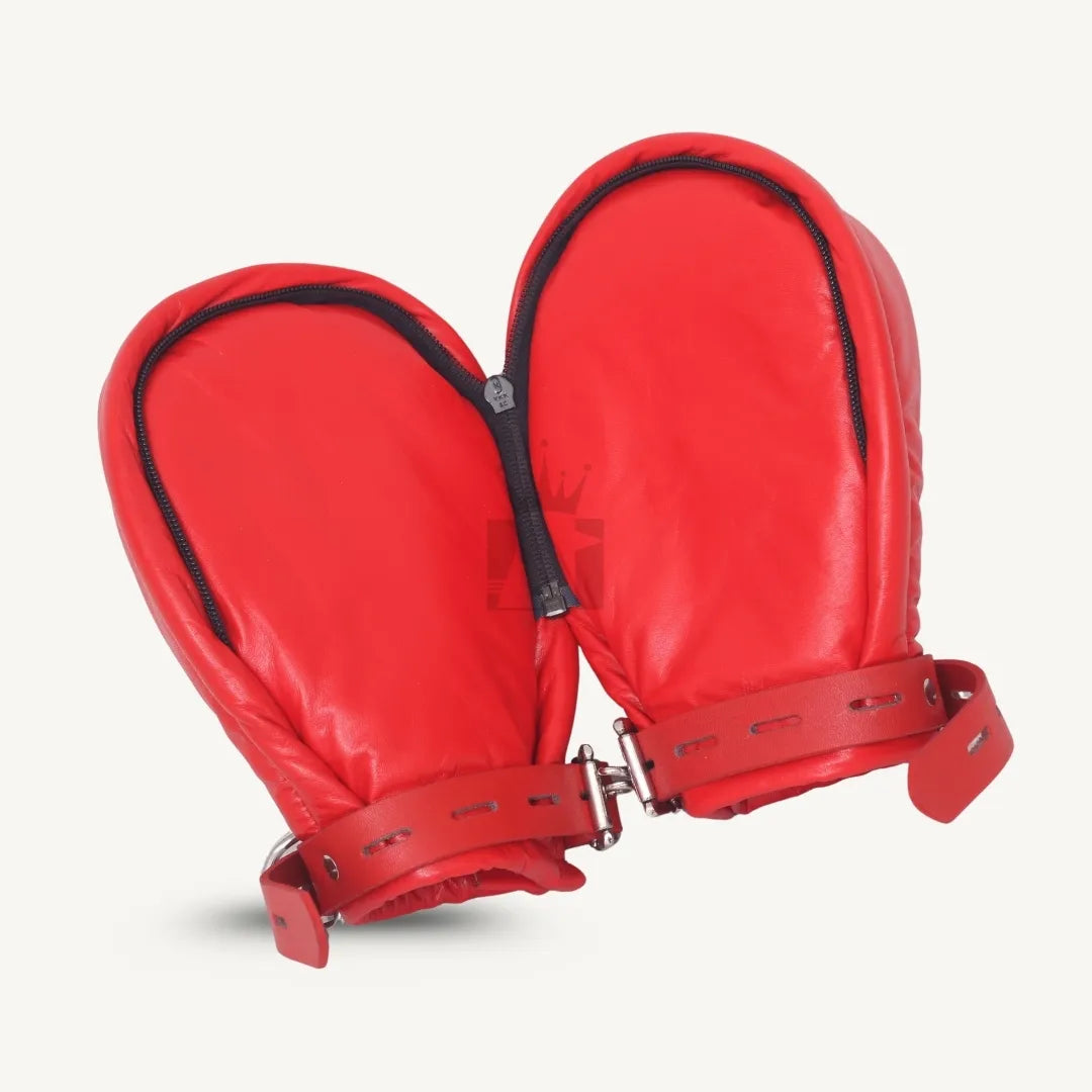 Red leather padded bondage mittens side angle with zipper opening and buckled straps.
