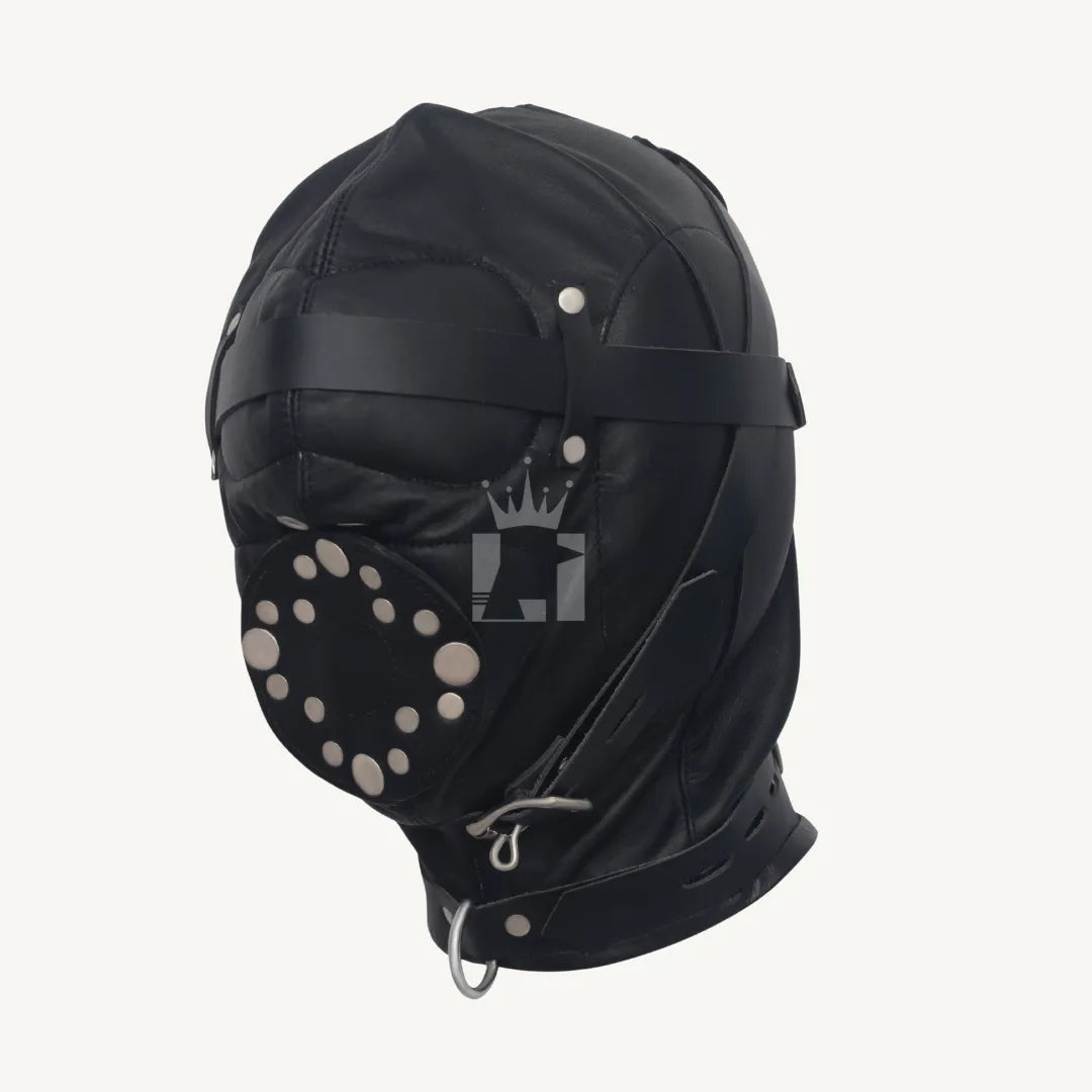 Side angle view of black leather bondage hood with riveted mouth cover, adjustable straps, and silver rivets.