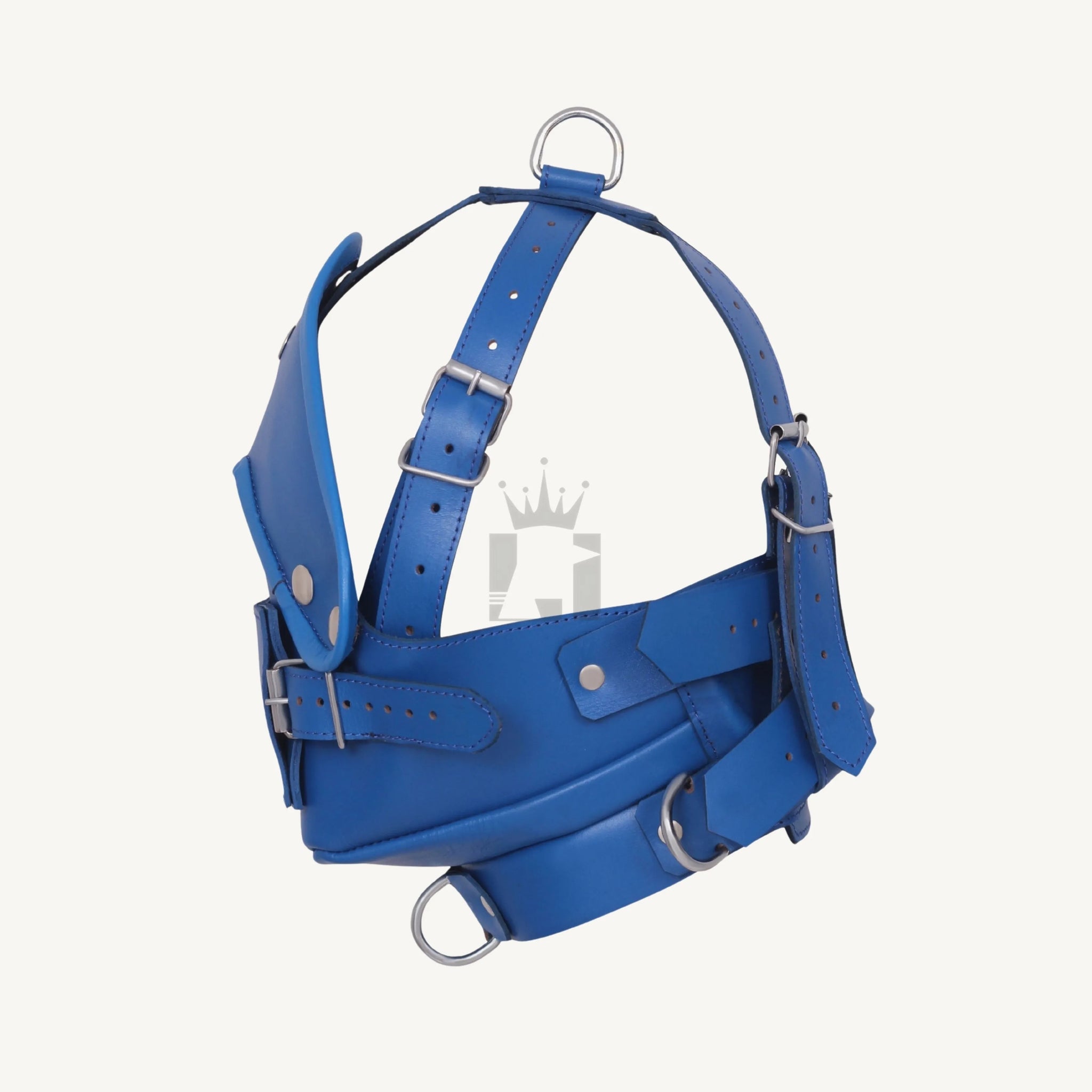 Side view of a blue leather bondage muzzle with adjustable straps, rivets, and secure buckles.