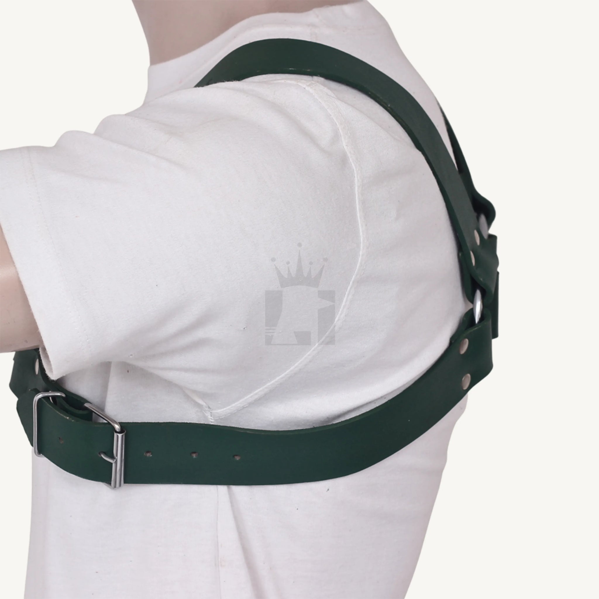 Side profile of leather chest harness with adjustable buckle strap.