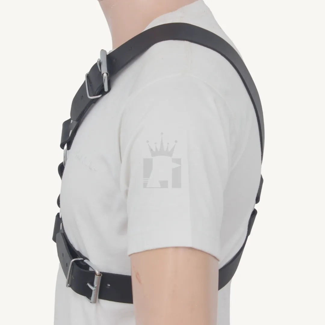 Side view of leather harness with adjustable straps and silver buckles.