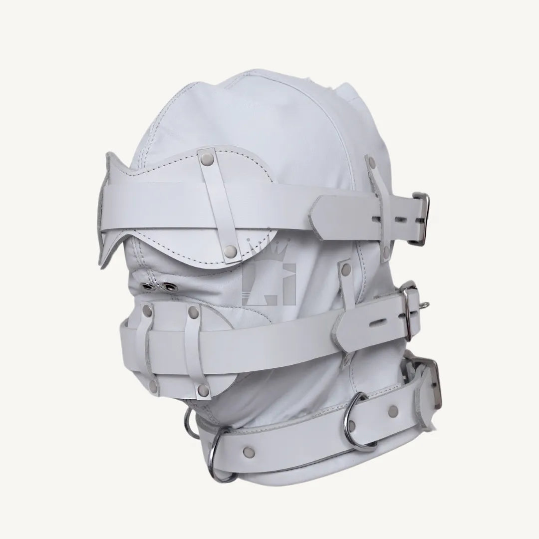 Side angle showing white leather bondage hood with multiple adjustable straps and D-rings.