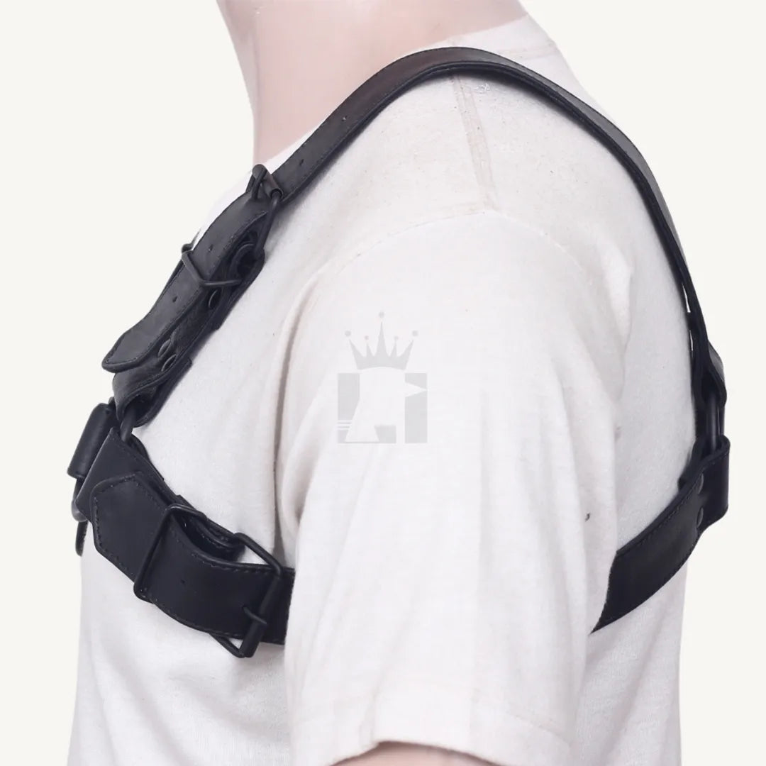 Side view of black leather chest harness with adjustable buckle straps and strong stitching.