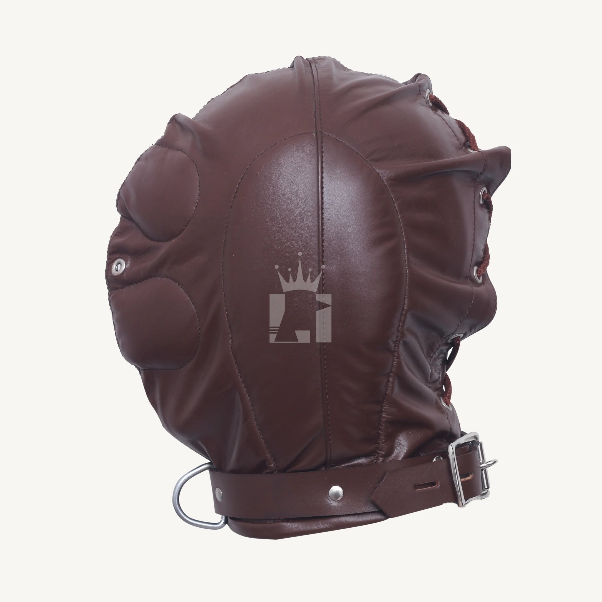 Side profile of a brown leather hood featuring stitched padding, metal buckle closure, and rear lacing details.