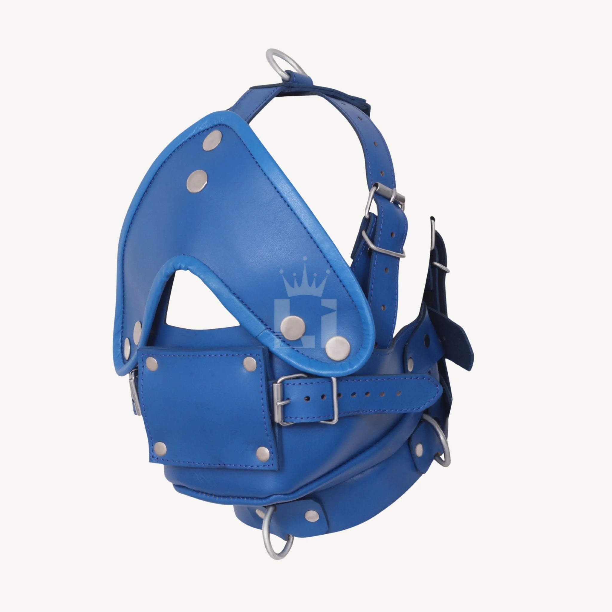 Angled side profile of a blue leather bondage muzzle with premium stitching and metal hardware.