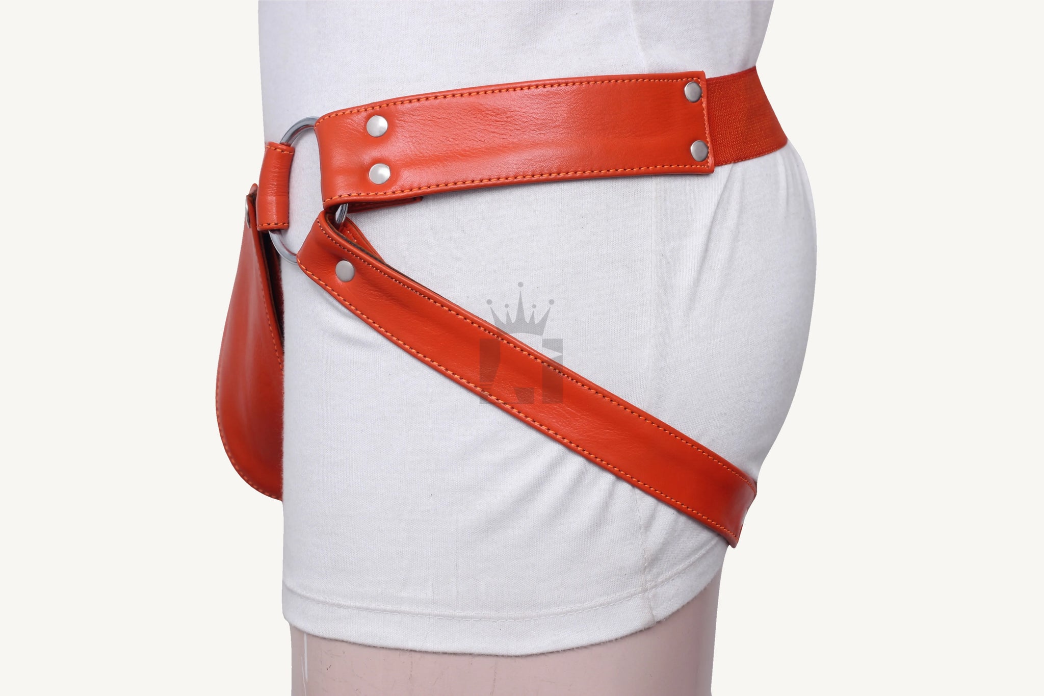 Side view of leather jockstrap with adjustable waistband and leg strap detail.