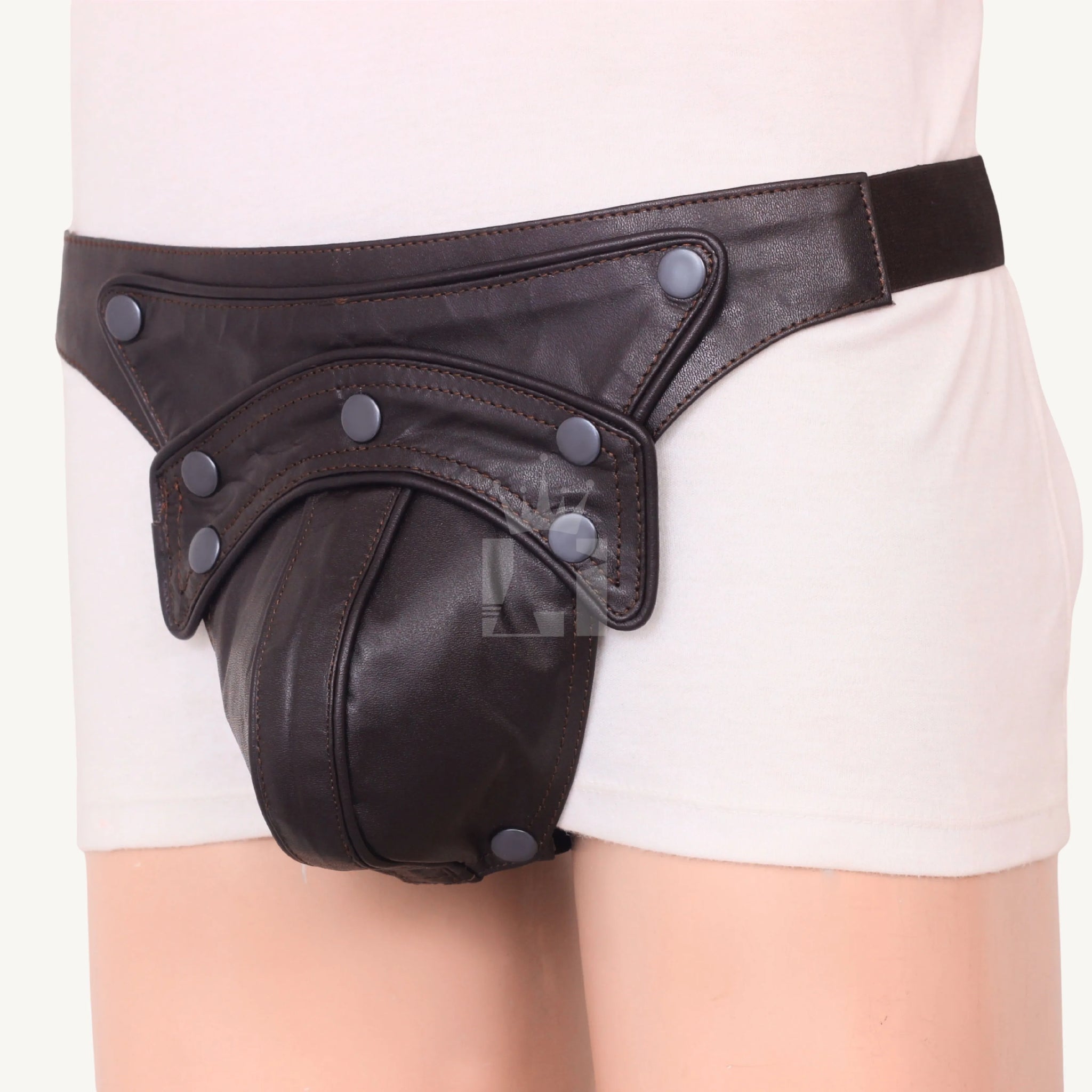 Side view of leather Jockstrap featuring snap button accents and a fitted waistband.