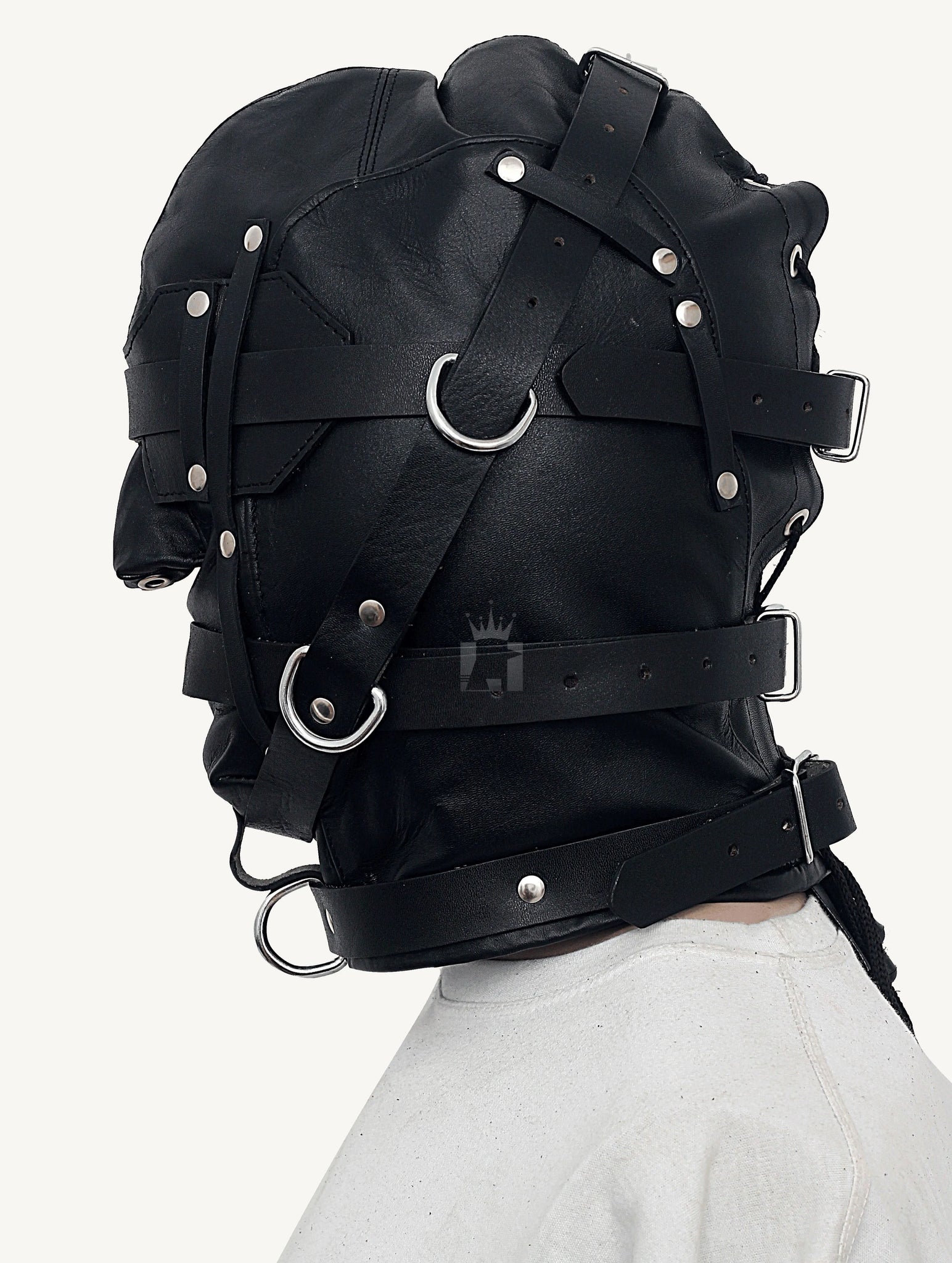 Side angle view of a dummy wearing a black Triple Straps Leather Bondage Hood on a white background.