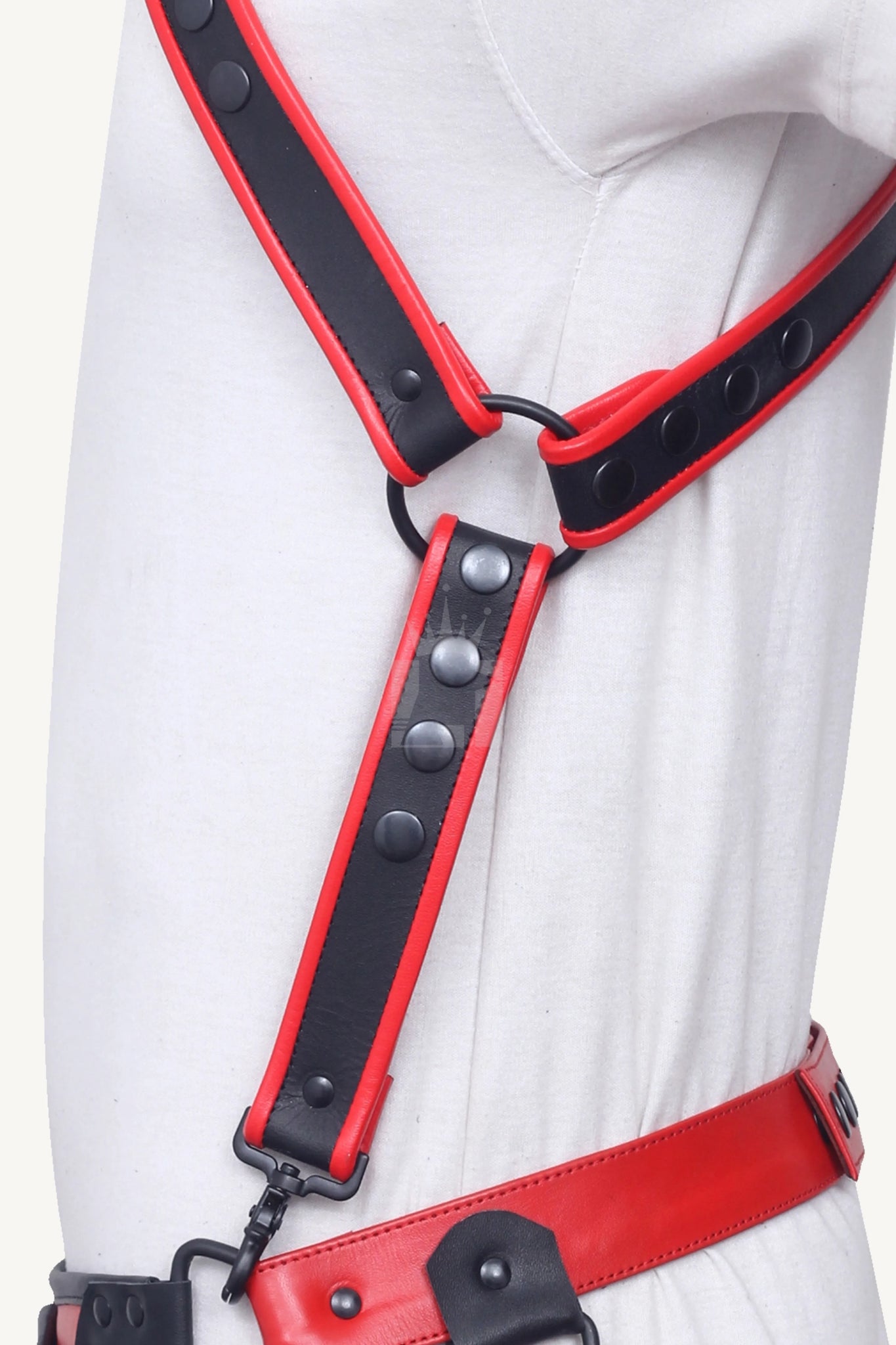 Red-edged black leather harness strap connected with O-ring and snap button fastening.