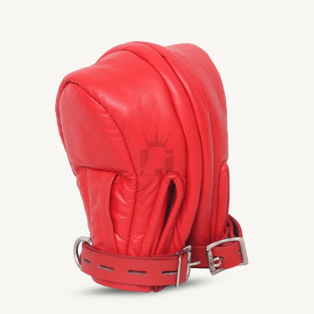 Side perspective showing red leather Bondage mittens with padded body and adjustable straps.