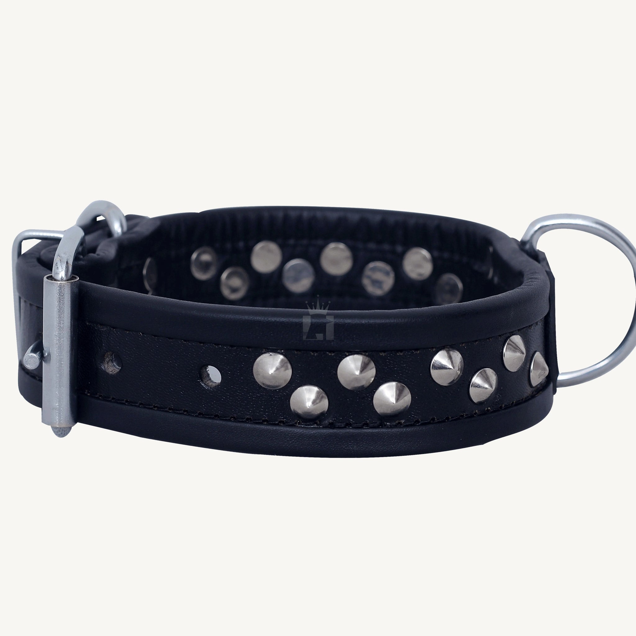 Side angle view of Genuine Leather Bondage Slave Collar with Cone Studs with d'ring and nickel-plated revets on a white background