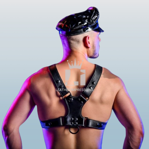 Backside image of model wearing Mens Leather Bulldog Harness in BDSM Play