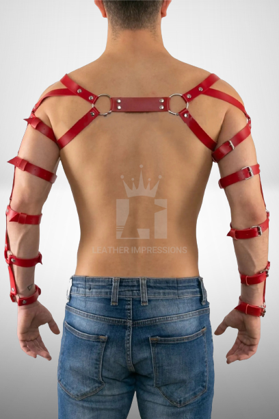 Model wear red Men's Leather Harness Fashion - Back view iamge