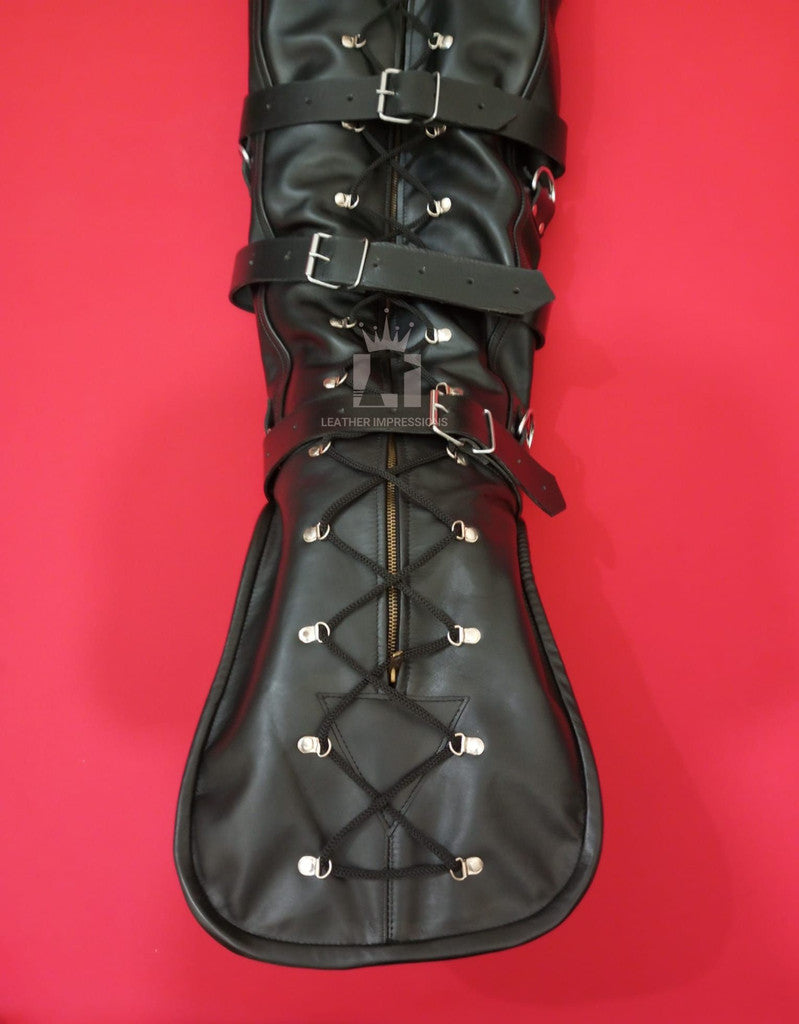 leather sleepsack, black sleepsack, bdsm sleepsack, bondage sleepsack