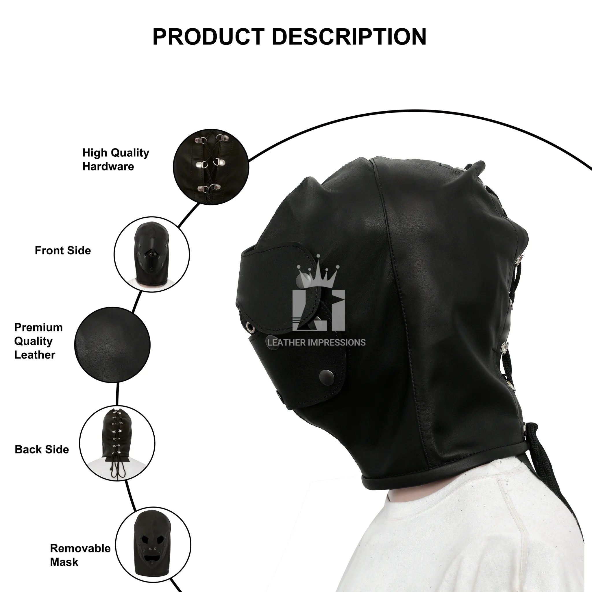 leather bondage hood with blindfold,BDSM head harness with gag and eye cover,genuine leather sensory deprivation hood,lace-up BDSM hood for restraint play
