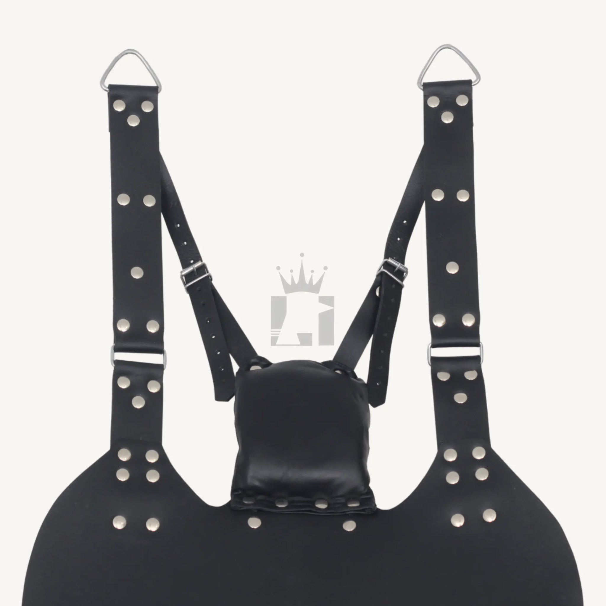 Top section of black leather sling with padded pillow, adjustable straps, rivets, and steel D-rings.