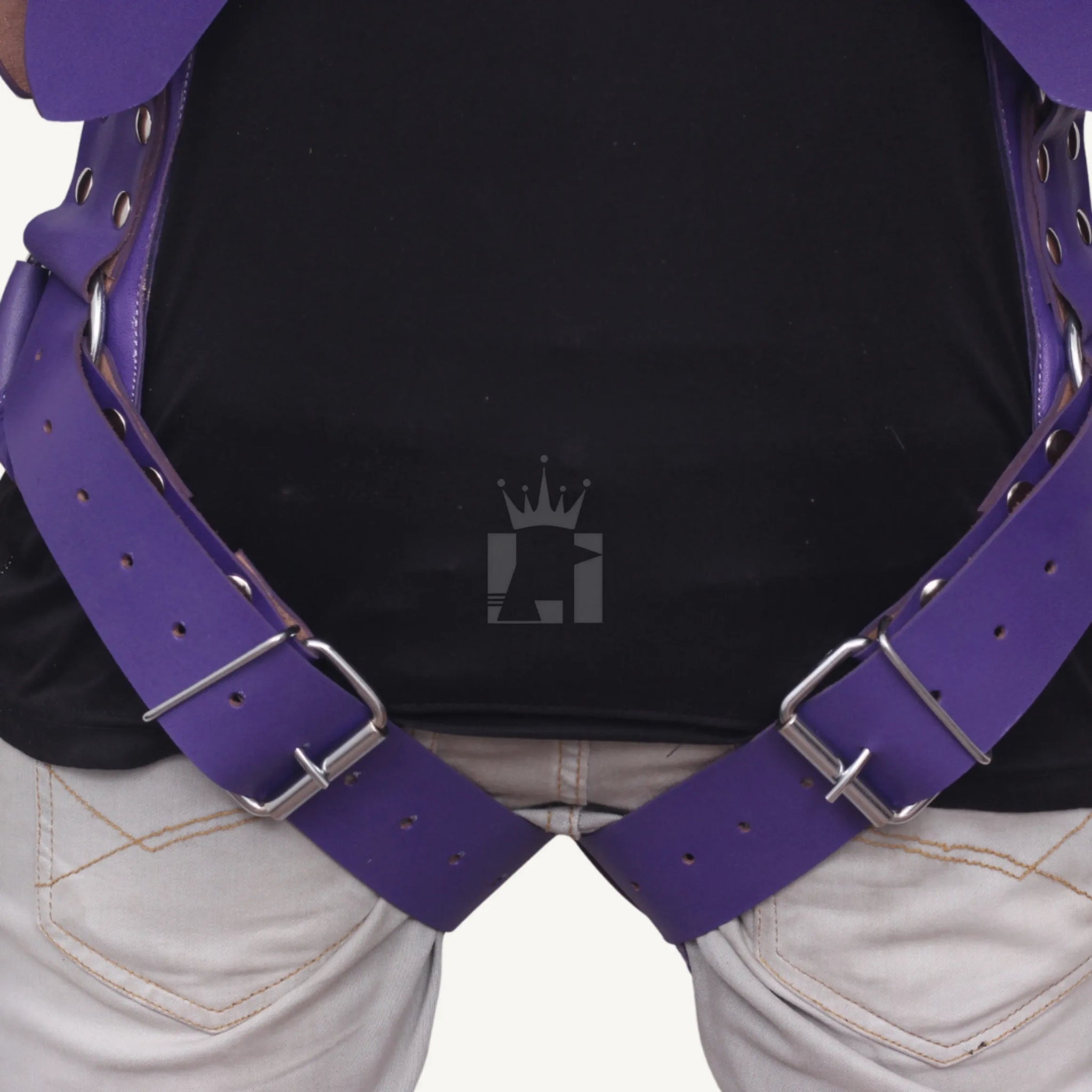 Close-up of waist strap with steel buckle and riveted reinforcement on a purple leather Sex Sling.