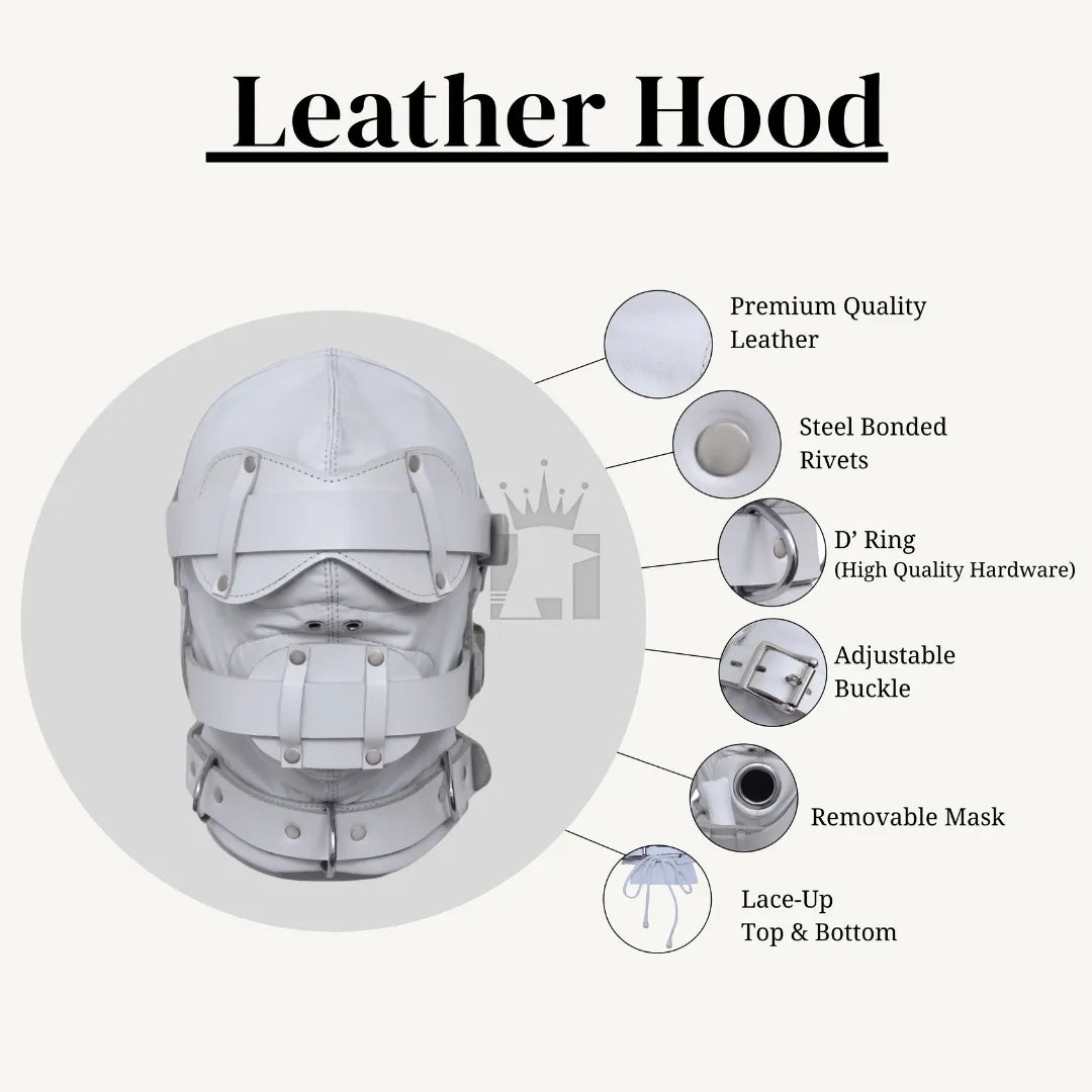White leather bondage hood displayed with labeled features: premium leather, rivets, D-rings, buckles, removable mask, and lace-up design.
