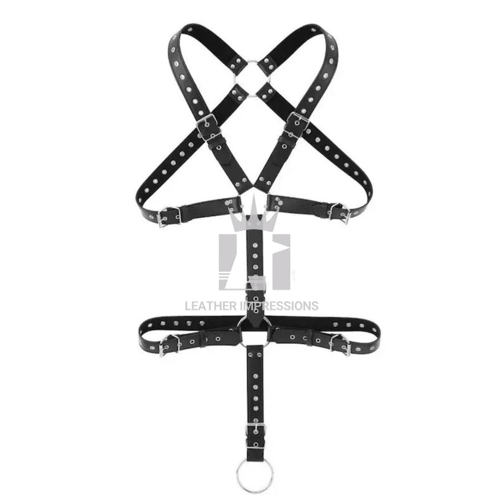 Front angle view of a black Men's Leather Harness with Cock Ring on a white background 
