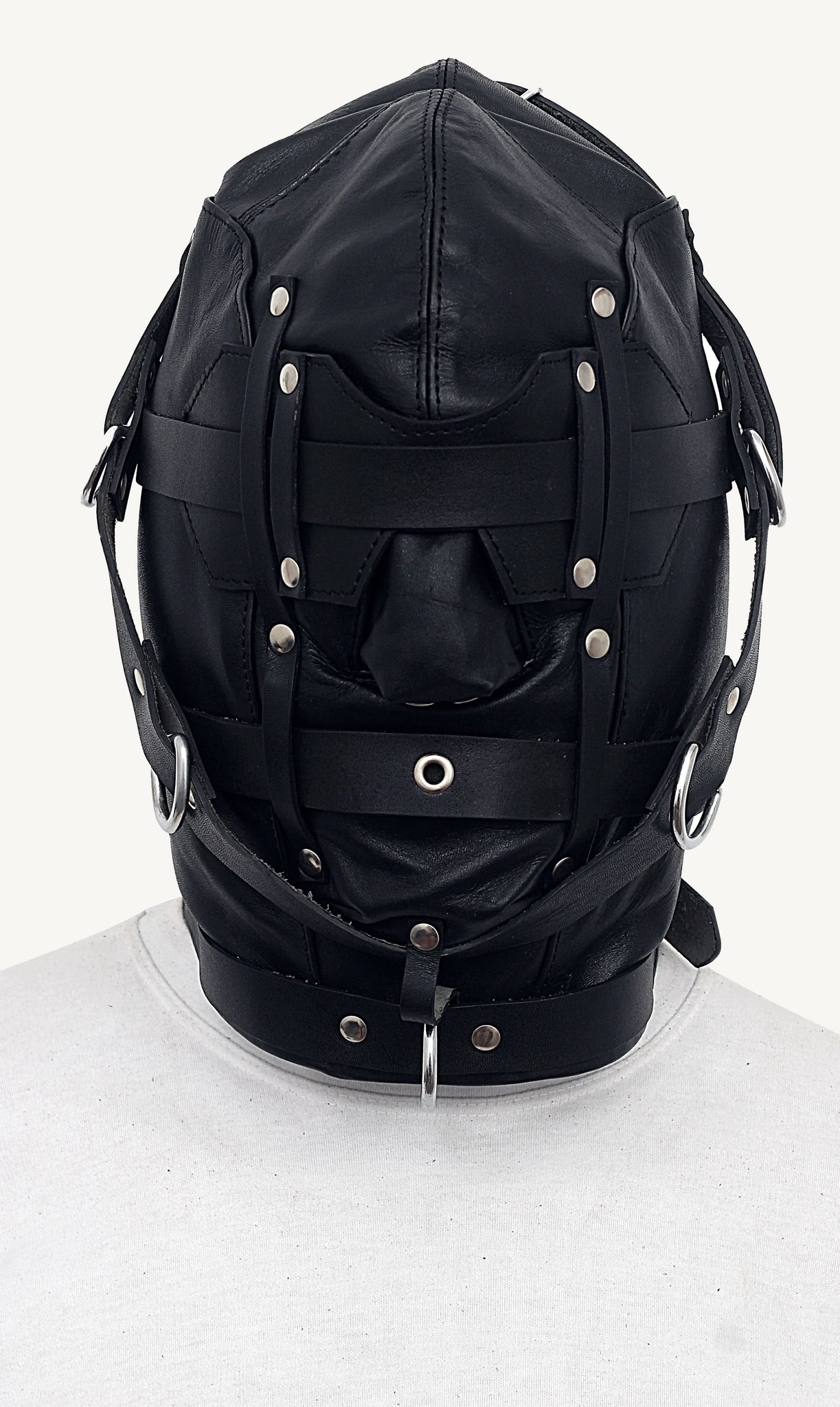 Front angle view of a dummy wearing a black Triple Straps Leather Bondage Hood on a white background.